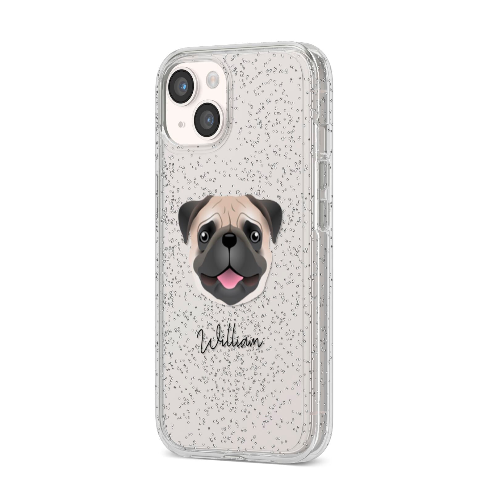 Pug Personalised iPhone 14 Glitter Tough Case Starlight Angled Image