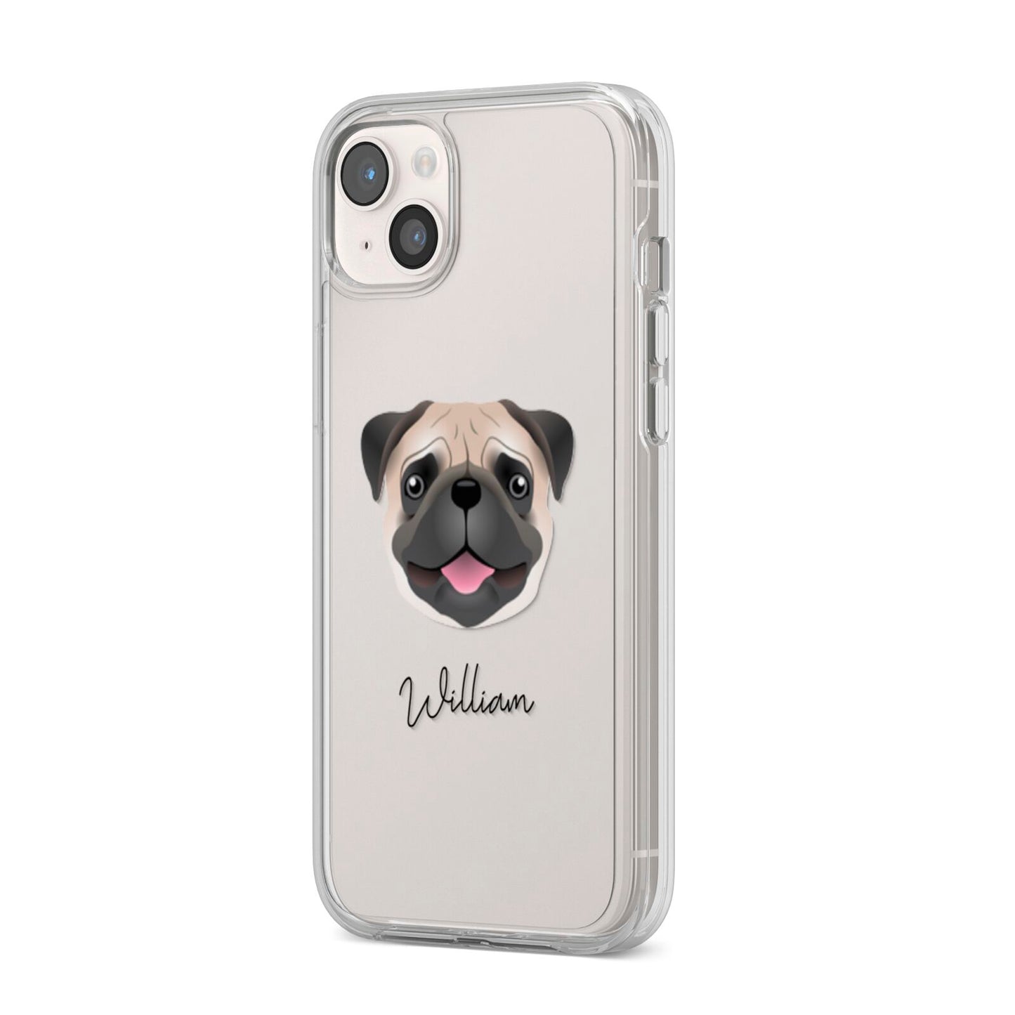 Pug Personalised iPhone 14 Plus Clear Tough Case Starlight Angled Image
