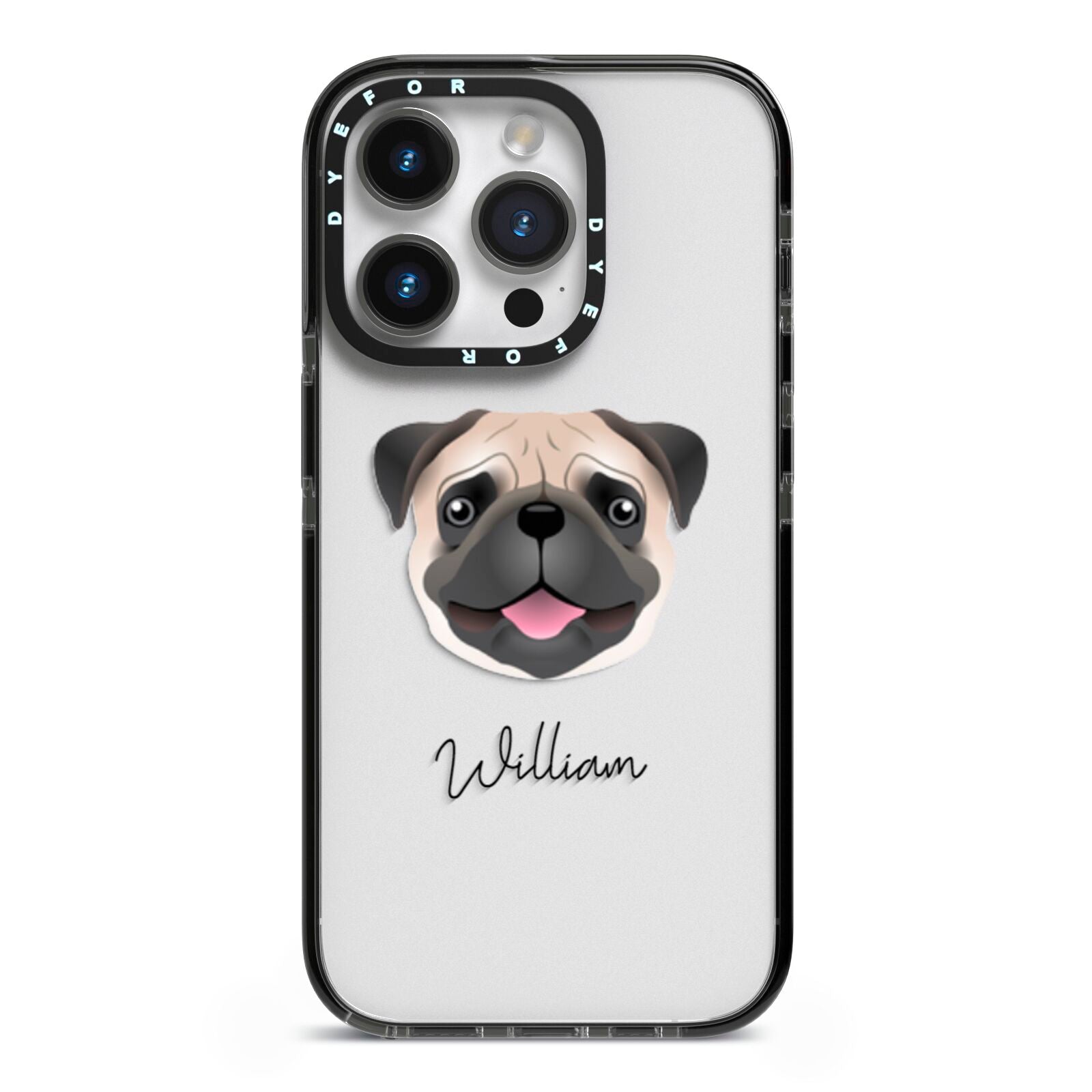 Pug Personalised iPhone 14 Pro Black Impact Case on Silver phone