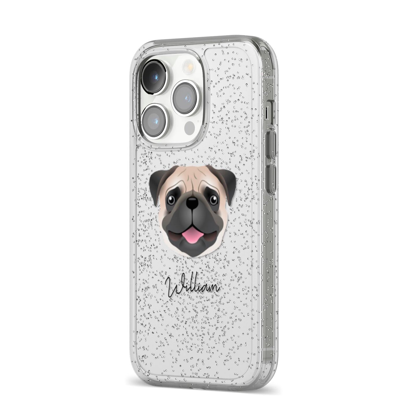Pug Personalised iPhone 14 Pro Glitter Tough Case Silver Angled Image