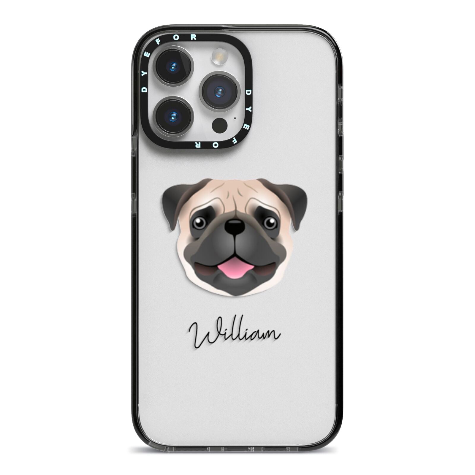 Pug Personalised iPhone 14 Pro Max Black Impact Case on Silver phone