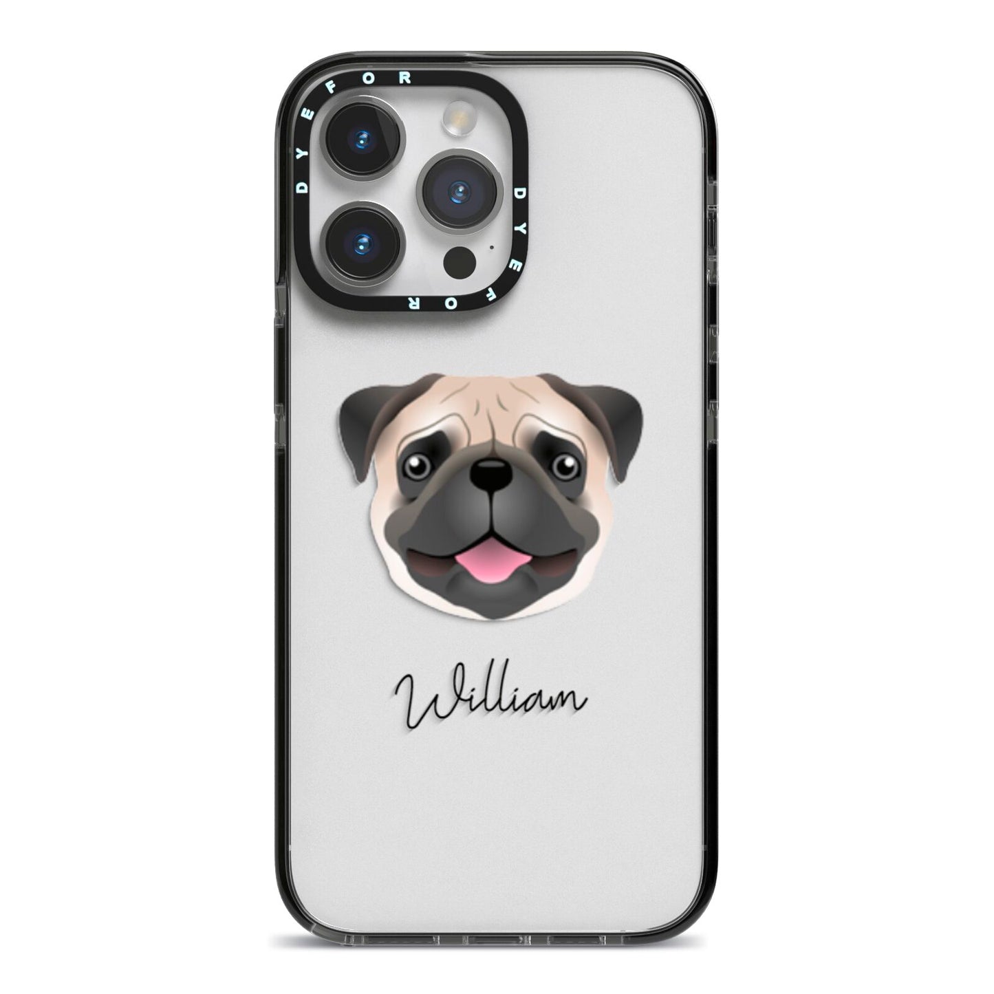 Pug Personalised iPhone 14 Pro Max Black Impact Case on Silver phone