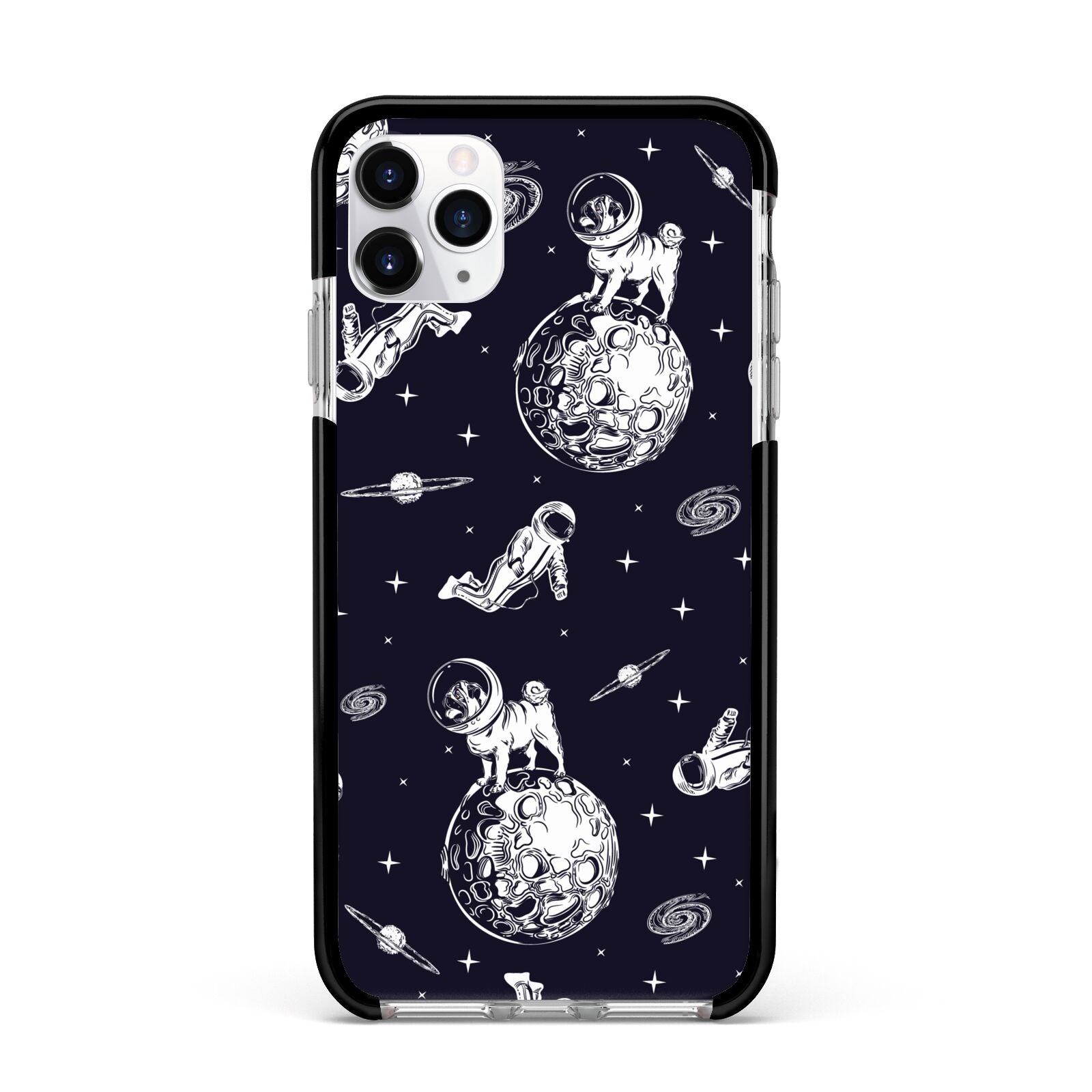 Pug in Space Apple iPhone 11 Pro Max in Silver with Black Impact Case