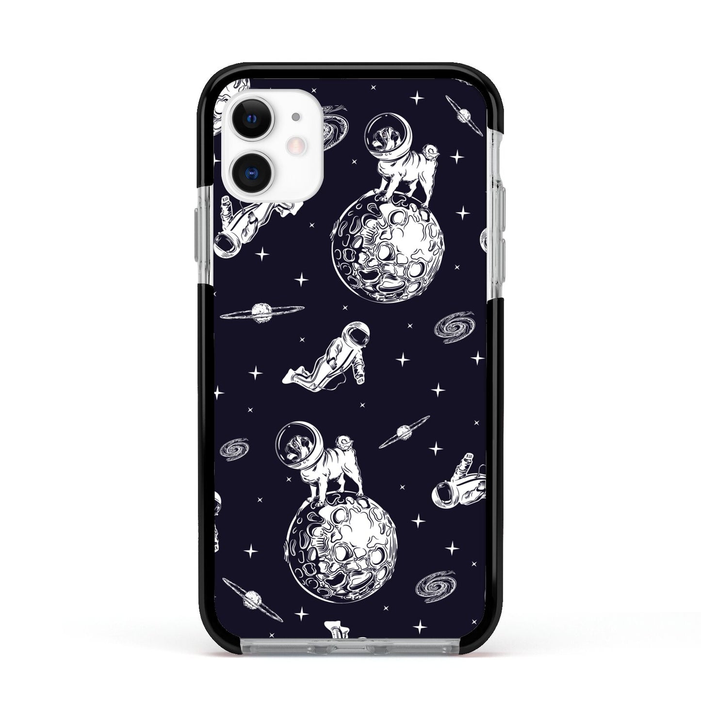 Pug in Space Apple iPhone 11 in White with Black Impact Case