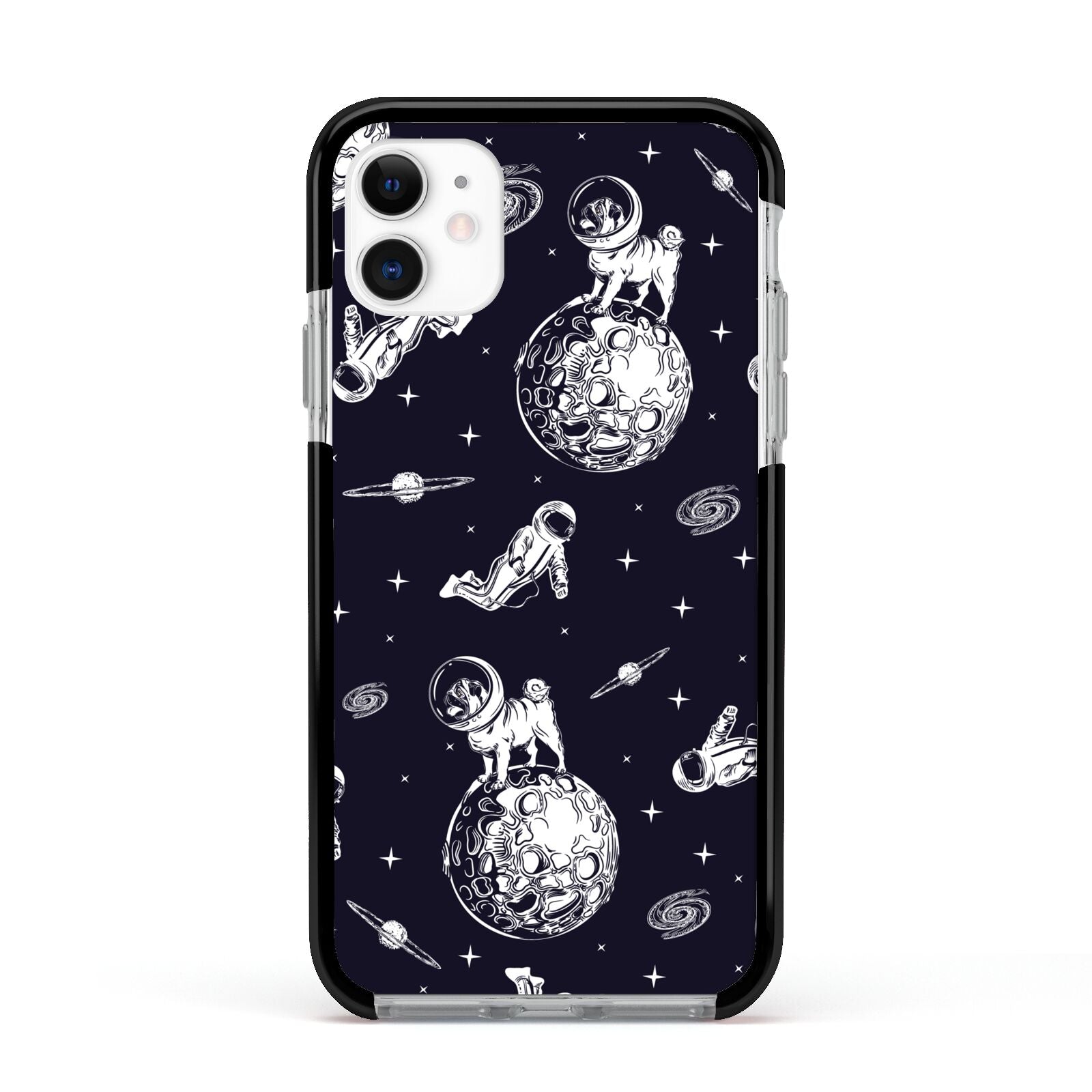Pug in Space Apple iPhone 11 in White with Black Impact Case