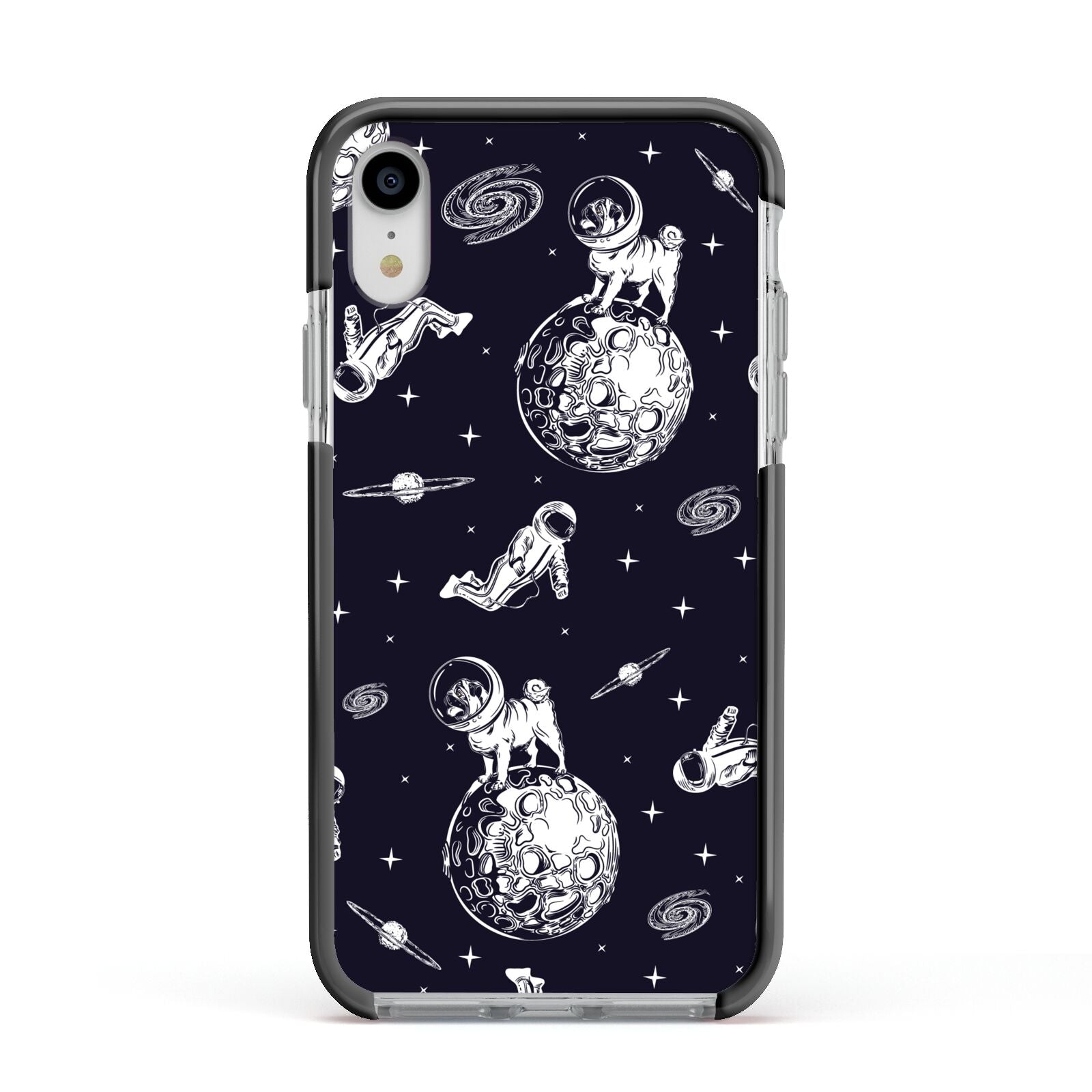 Pug in Space Apple iPhone XR Impact Case Black Edge on Silver Phone