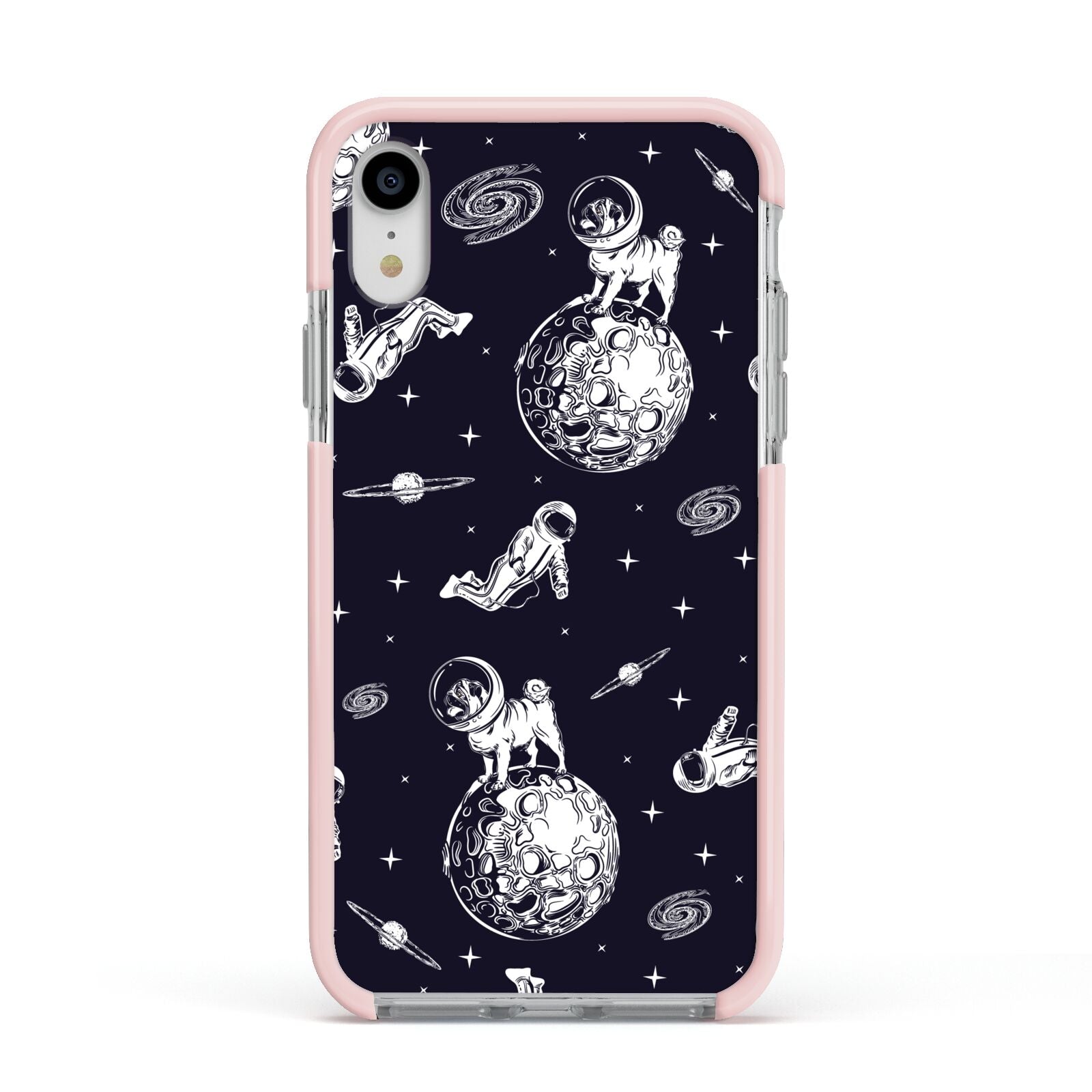 Pug in Space Apple iPhone XR Impact Case Pink Edge on Silver Phone