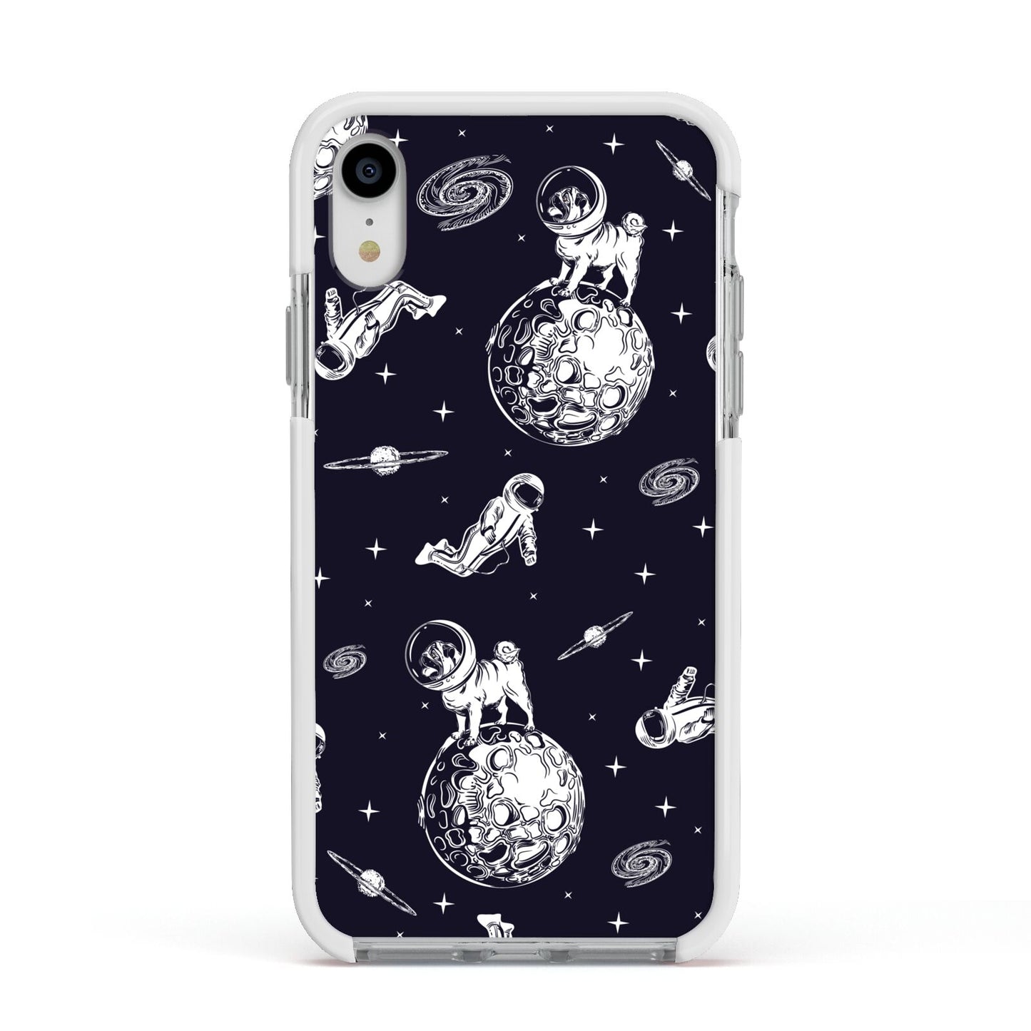 Pug in Space Apple iPhone XR Impact Case White Edge on Silver Phone