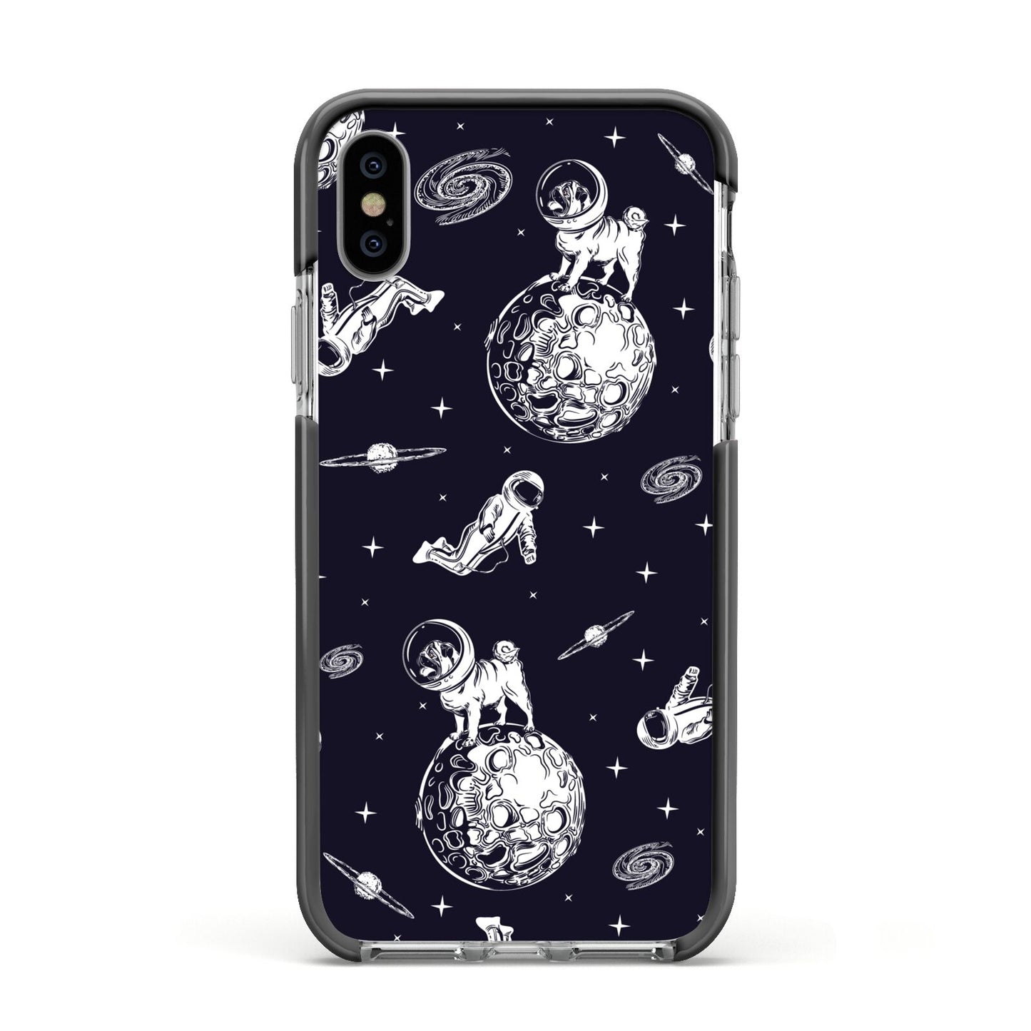 Pug in Space Apple iPhone Xs Impact Case Black Edge on Silver Phone