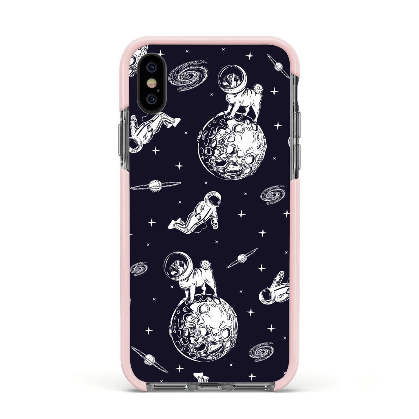 Pug in Space Apple iPhone Xs Impact Case Pink Edge on Black Phone