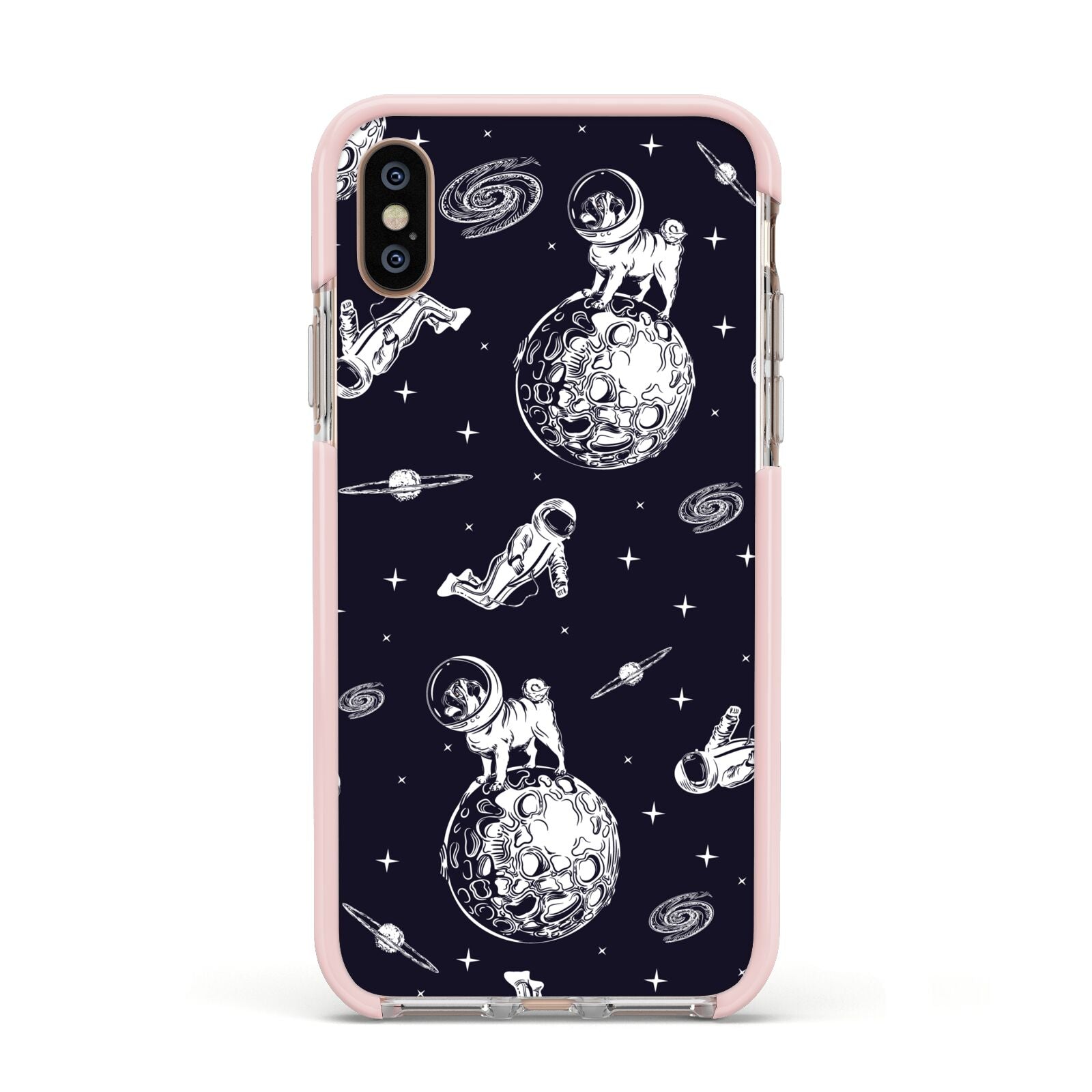Pug in Space Apple iPhone Xs Impact Case Pink Edge on Gold Phone