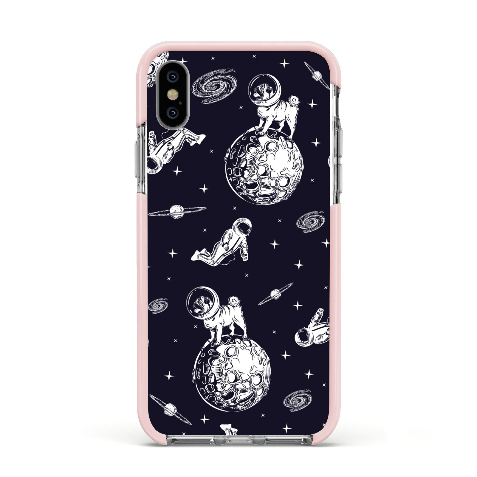 Pug in Space Apple iPhone Xs Impact Case Pink Edge on Silver Phone