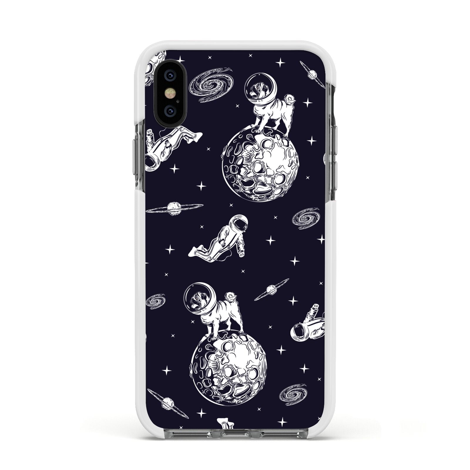 Pug in Space Apple iPhone Xs Impact Case White Edge on Black Phone