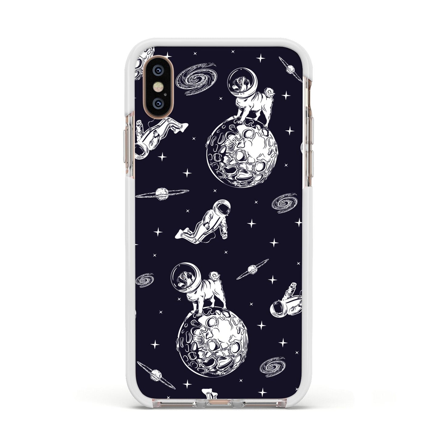 Pug in Space Apple iPhone Xs Impact Case White Edge on Gold Phone