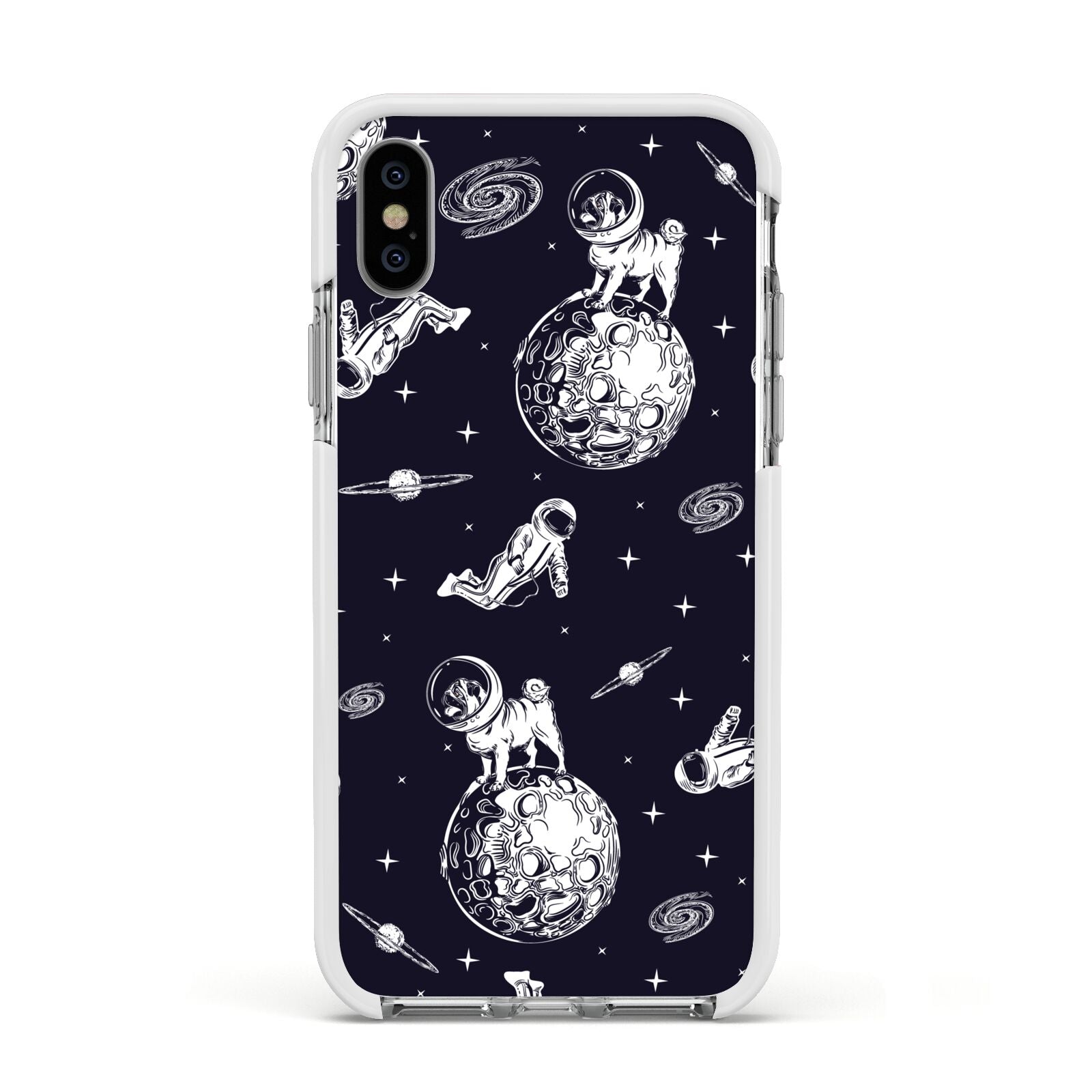 Pug in Space Apple iPhone Xs Impact Case White Edge on Silver Phone
