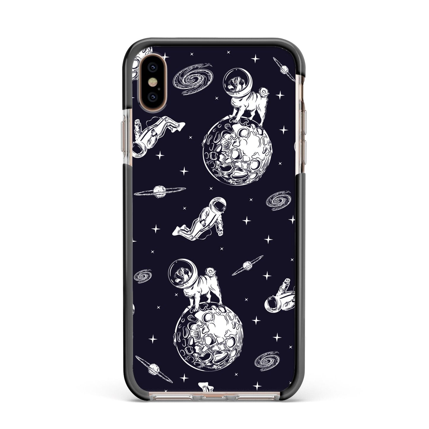 Pug in Space Apple iPhone Xs Max Impact Case Black Edge on Gold Phone
