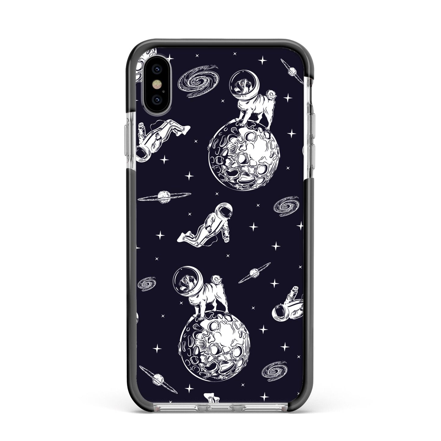 Pug in Space Apple iPhone Xs Max Impact Case Black Edge on Silver Phone