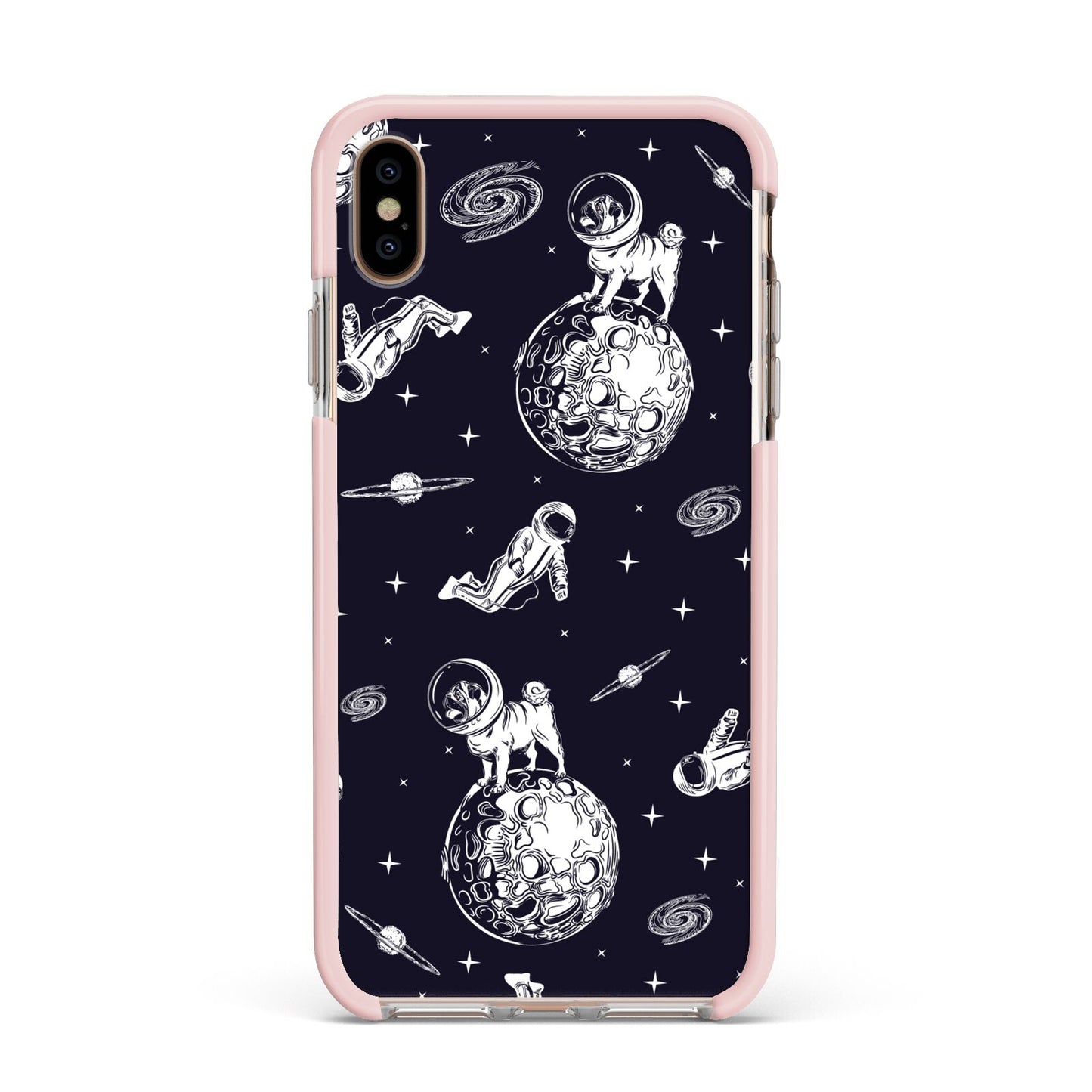 Pug in Space Apple iPhone Xs Max Impact Case Pink Edge on Gold Phone