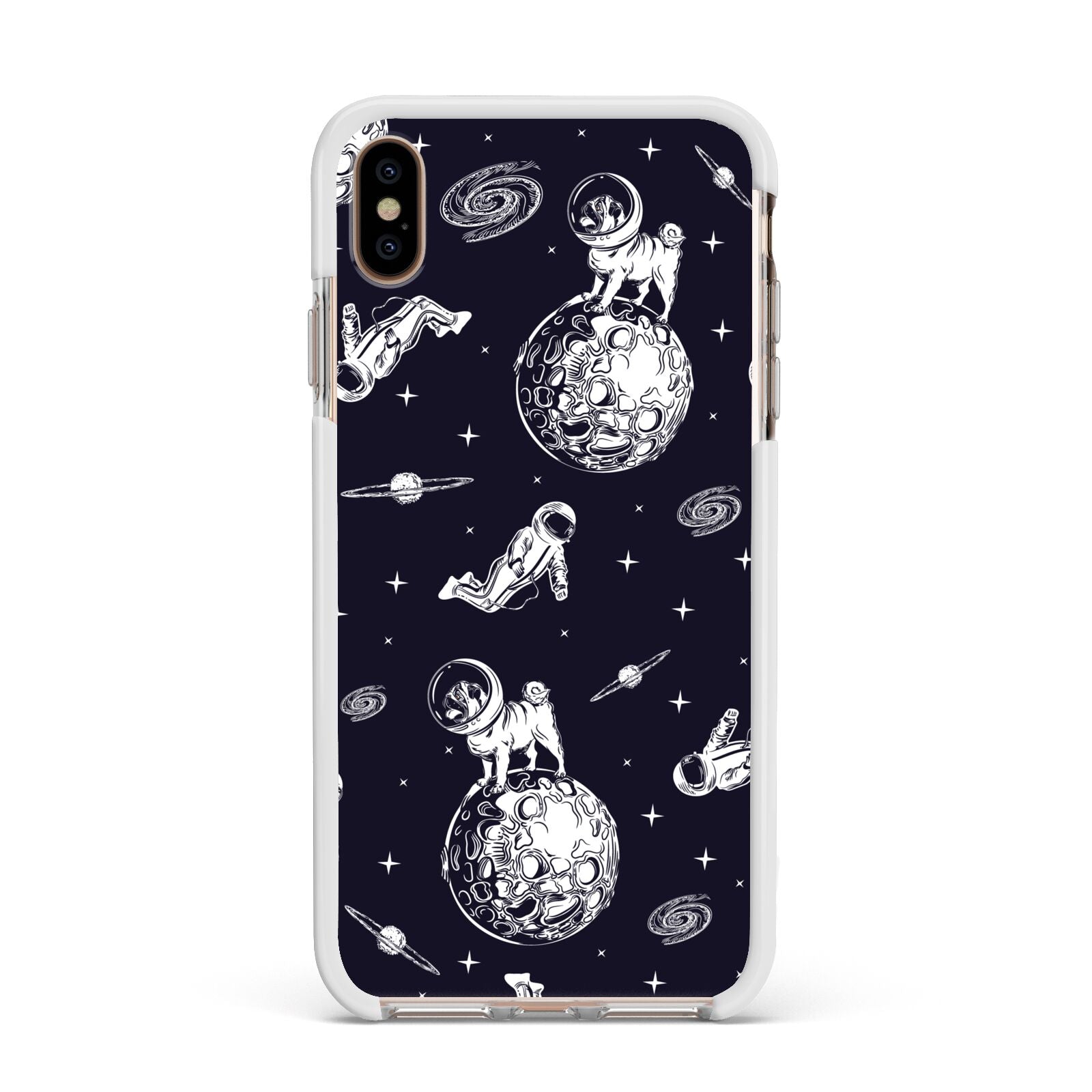 Pug in Space Apple iPhone Xs Max Impact Case White Edge on Gold Phone