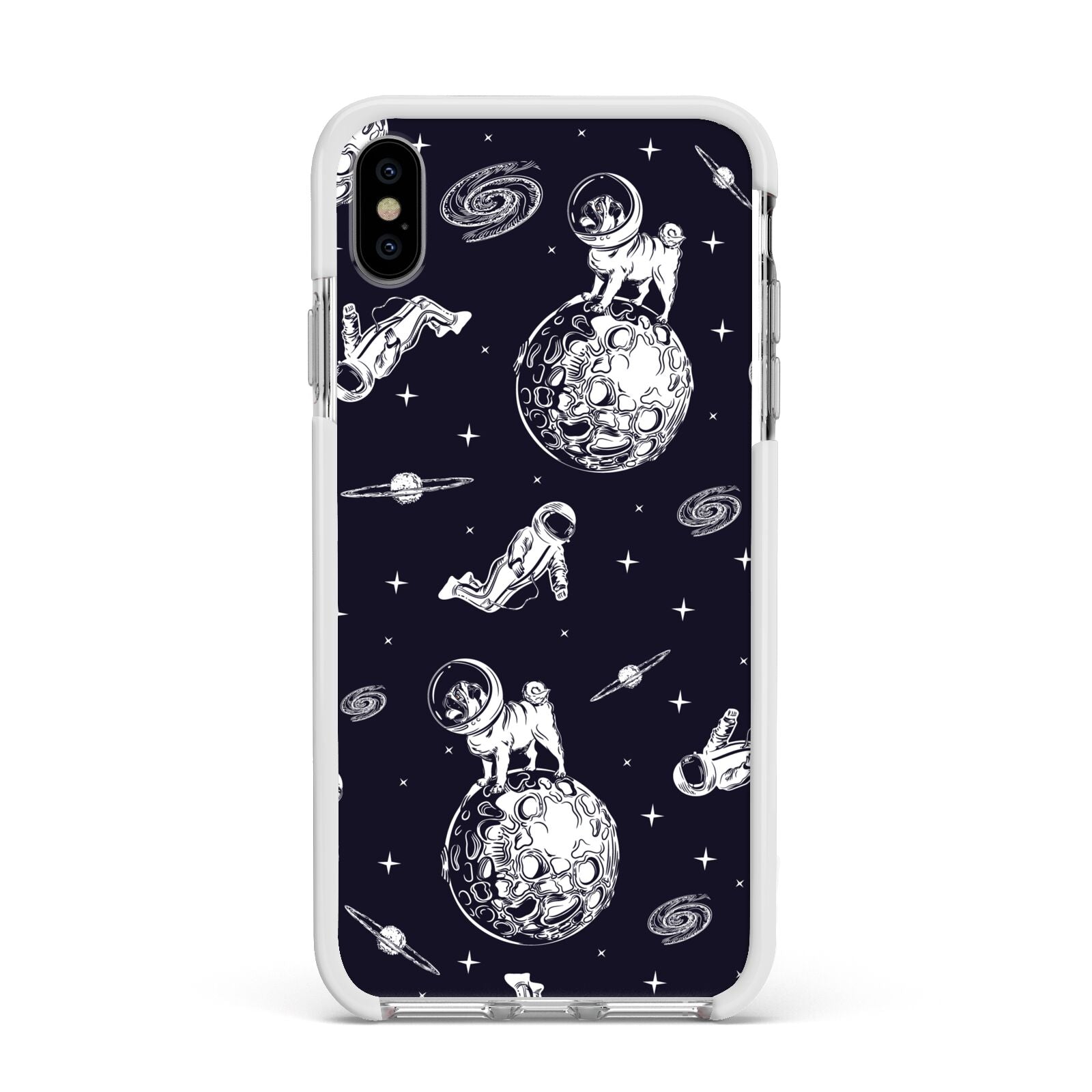 Pug in Space Apple iPhone Xs Max Impact Case White Edge on Silver Phone