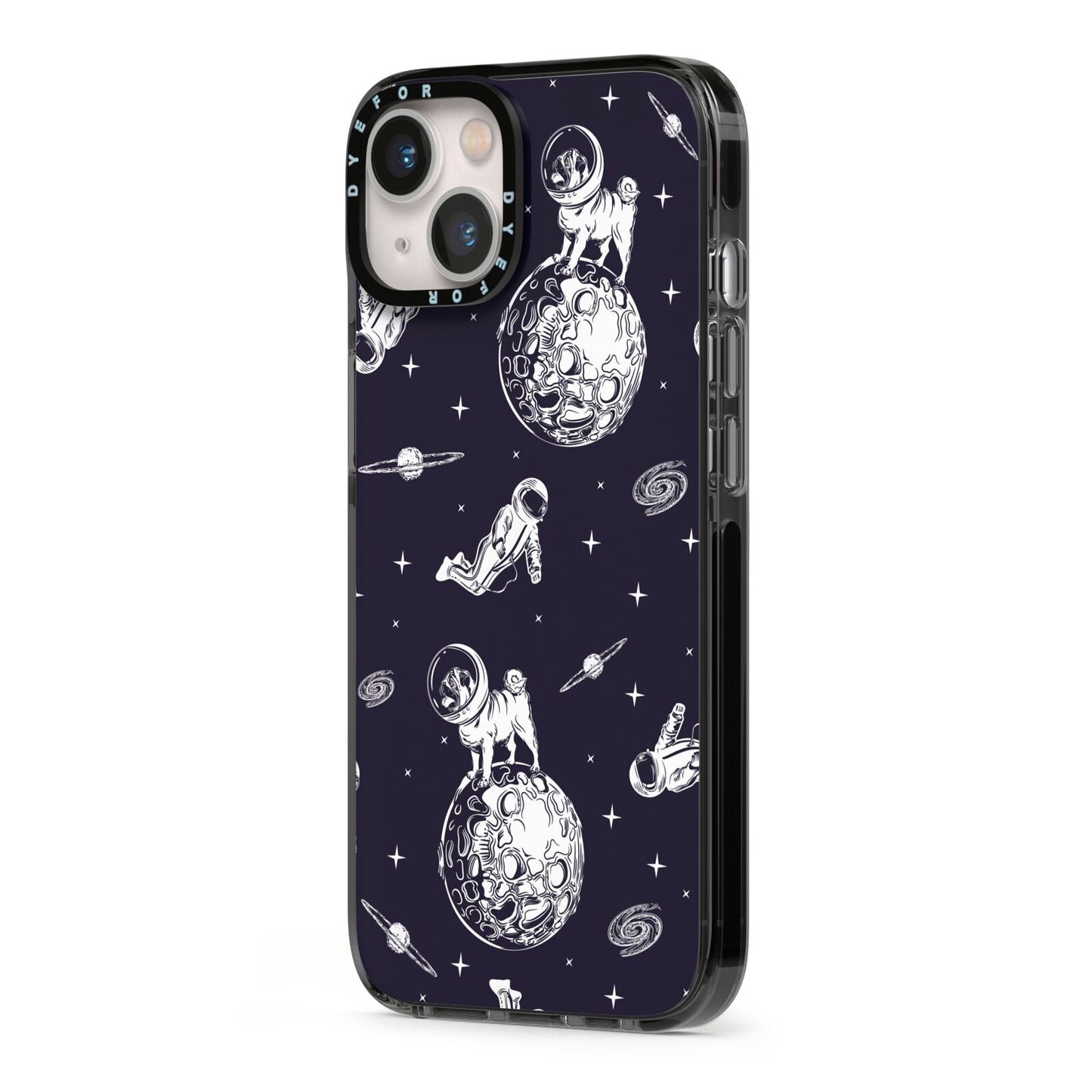 Pug in Space iPhone 13 Black Impact Case Side Angle on Silver phone