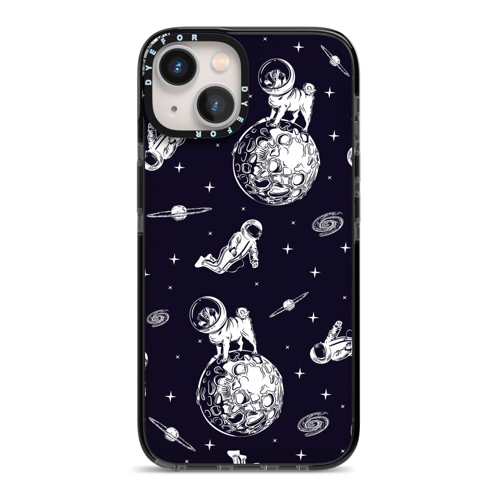 Pug in Space iPhone 13 Black Impact Case on Silver phone