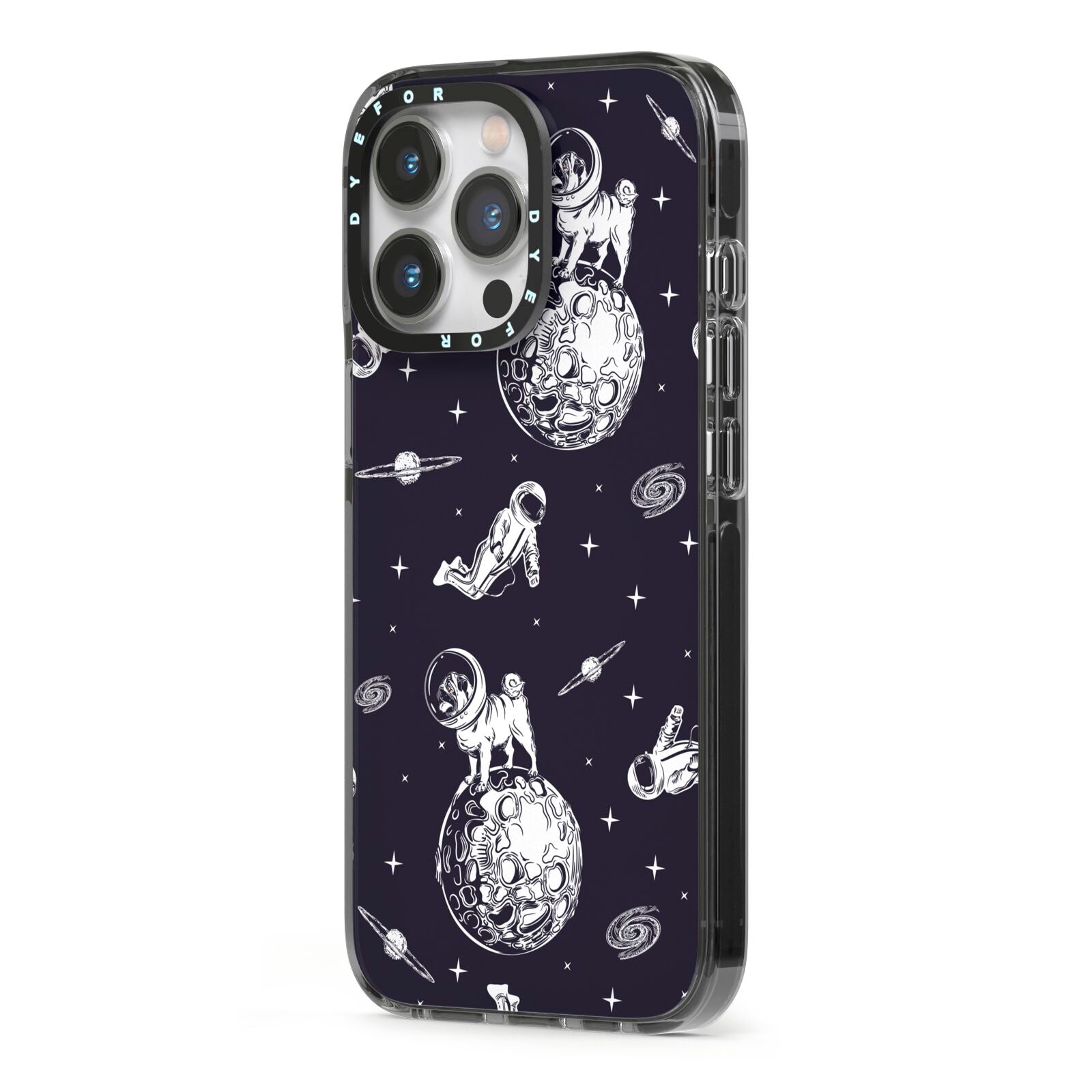 Pug in Space iPhone 13 Pro Black Impact Case Side Angle on Silver phone