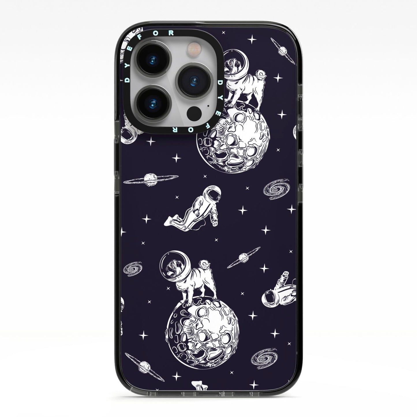 Pug in Space iPhone 13 Pro Black Impact Case on Silver phone