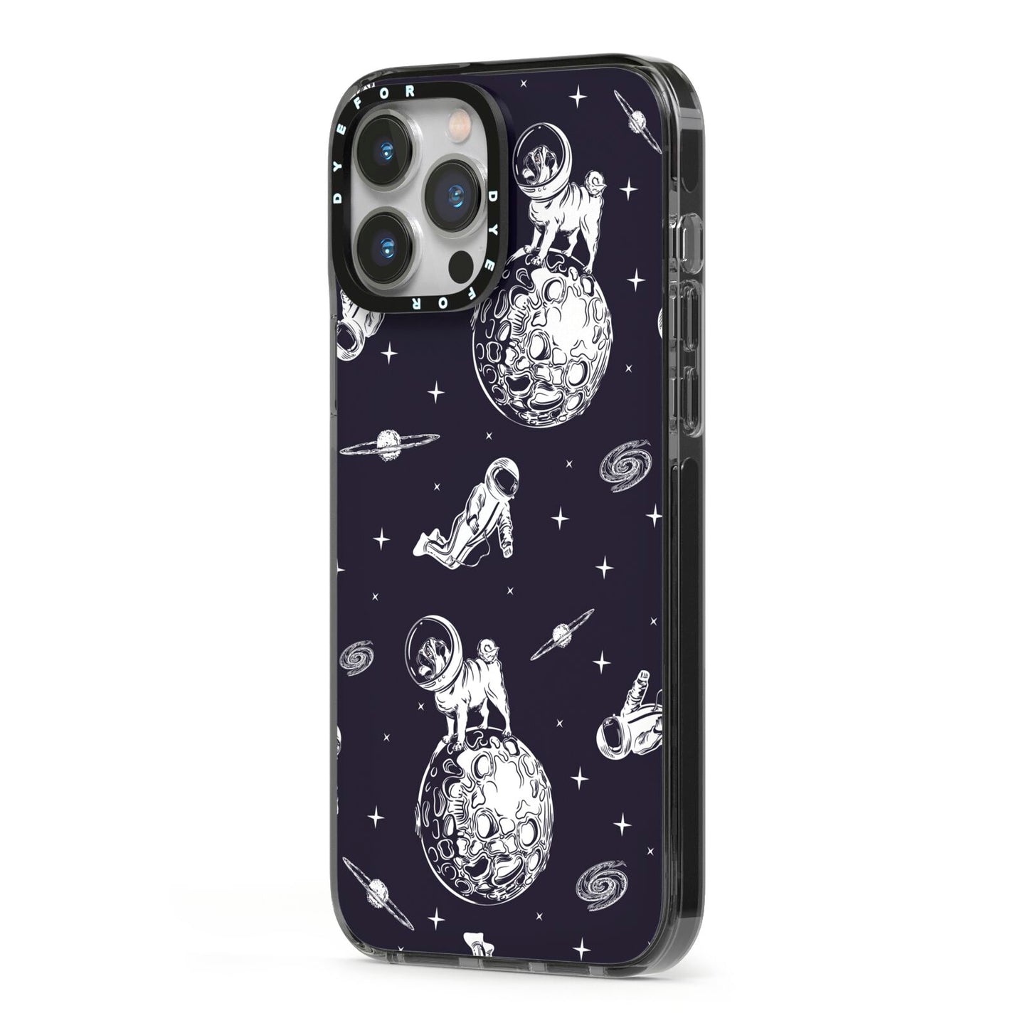 Pug in Space iPhone 13 Pro Max Black Impact Case Side Angle on Silver phone