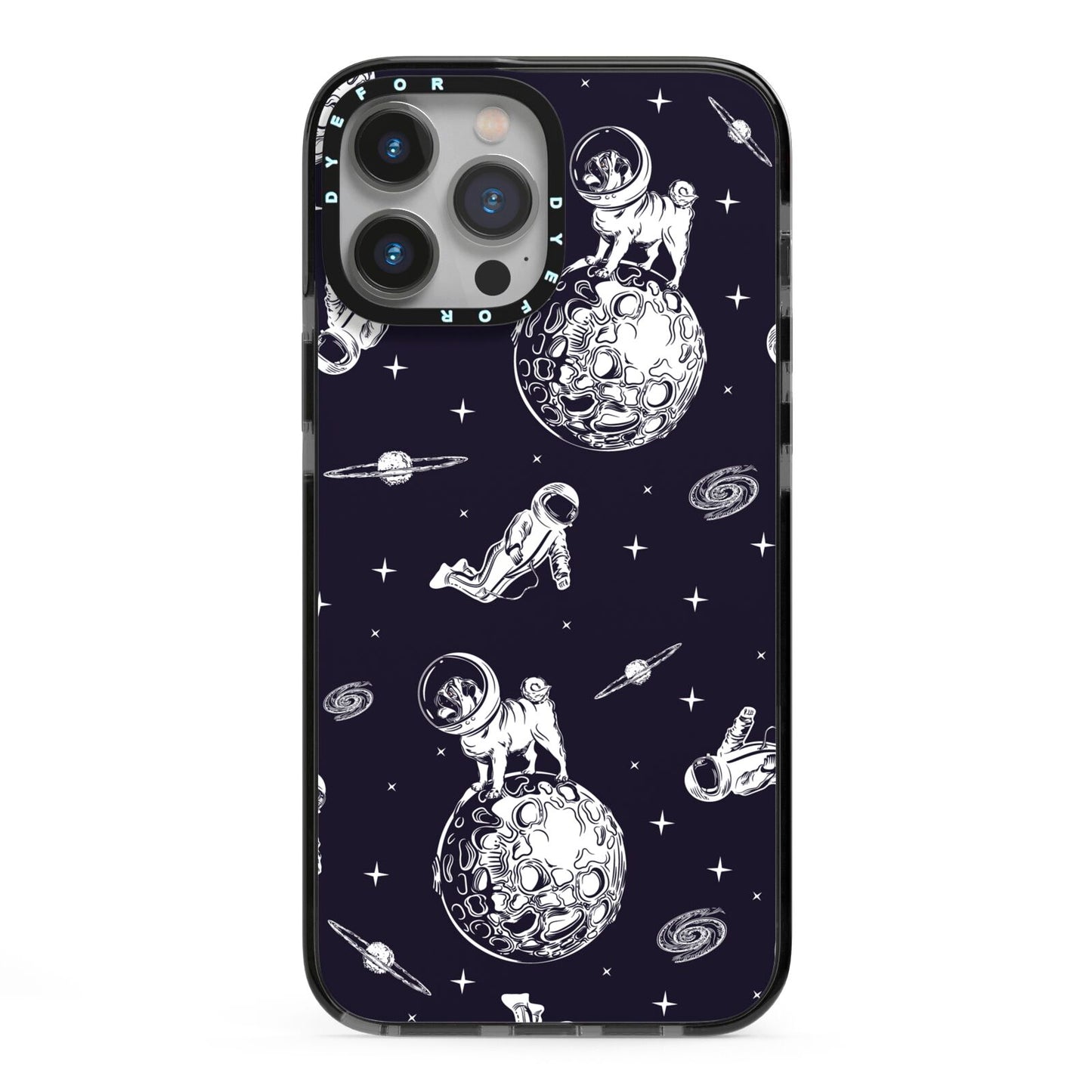 Pug in Space iPhone 13 Pro Max Black Impact Case on Silver phone