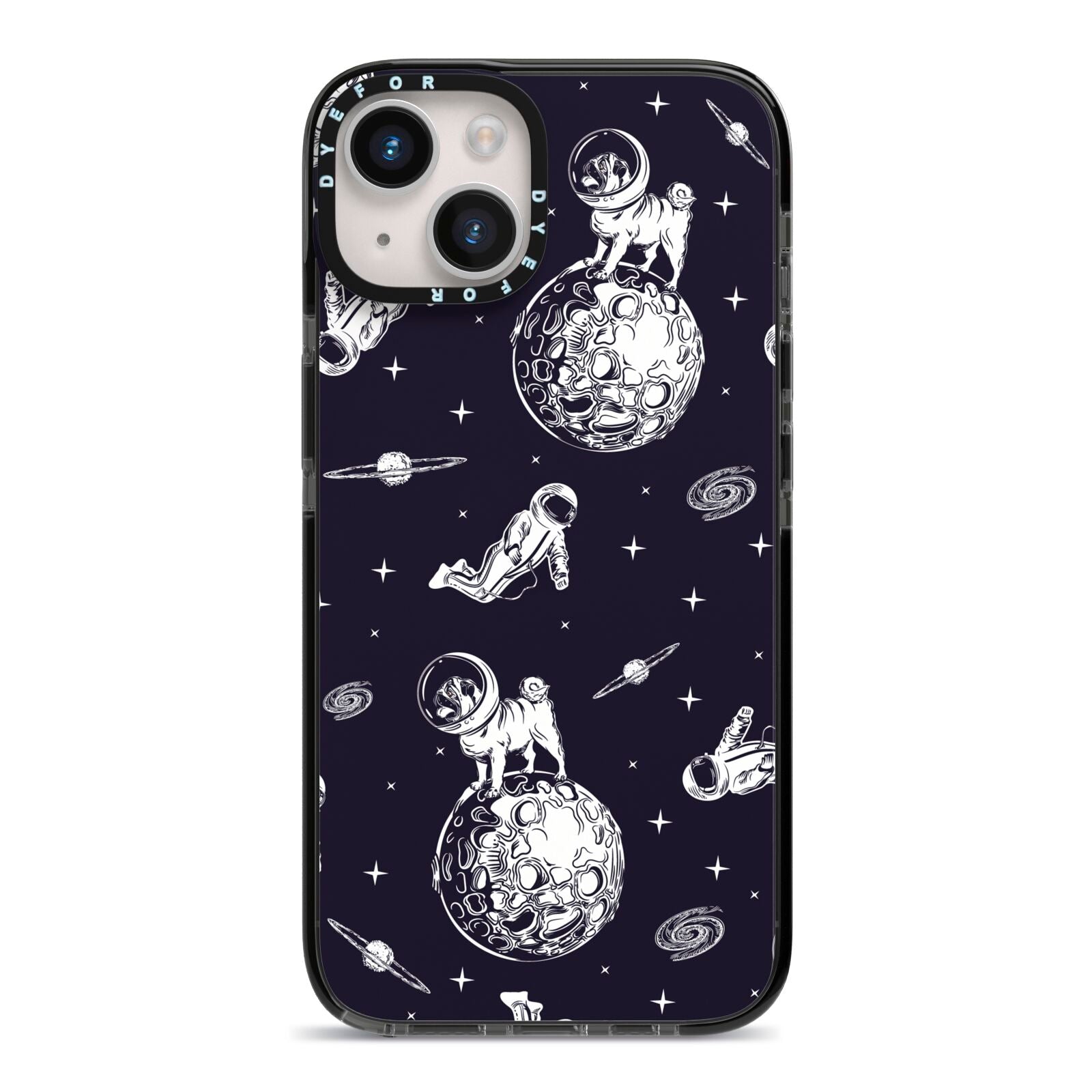 Pug in Space iPhone 14 Black Impact Case on Silver phone