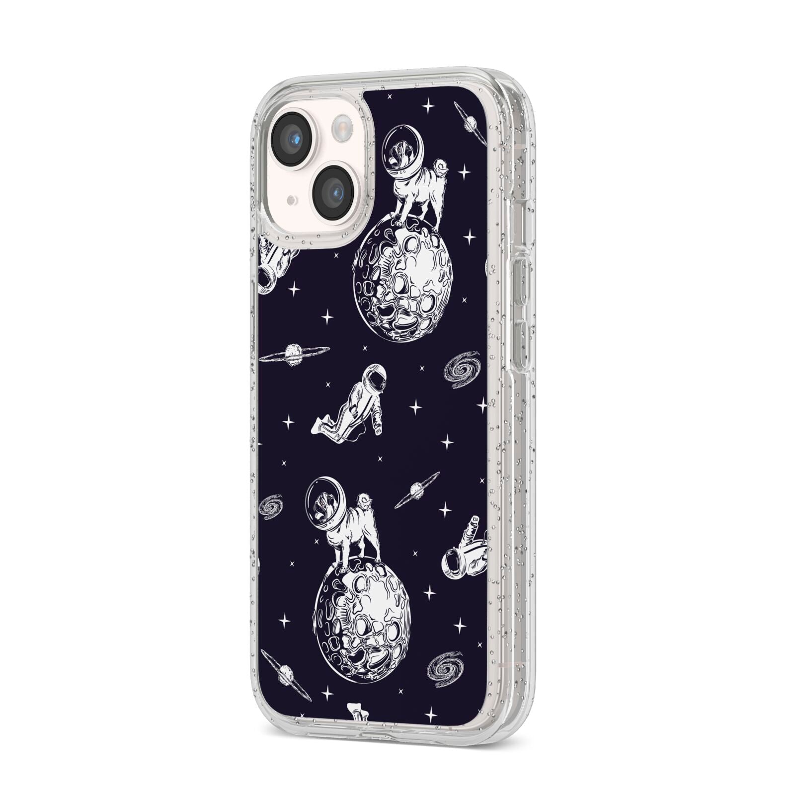 Pug in Space iPhone 14 Glitter Tough Case Starlight Angled Image