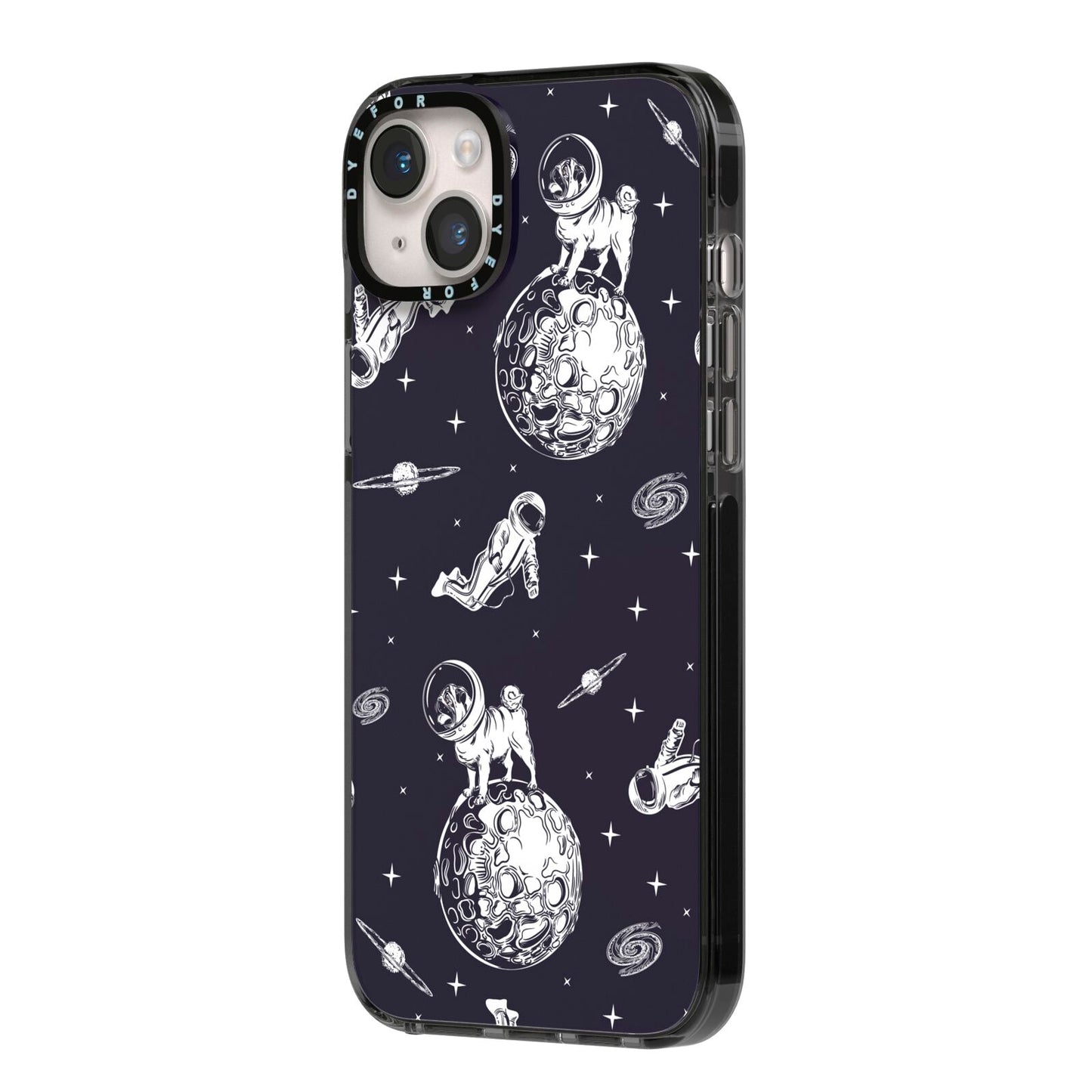 Pug in Space iPhone 14 Plus Black Impact Case Side Angle on Silver phone