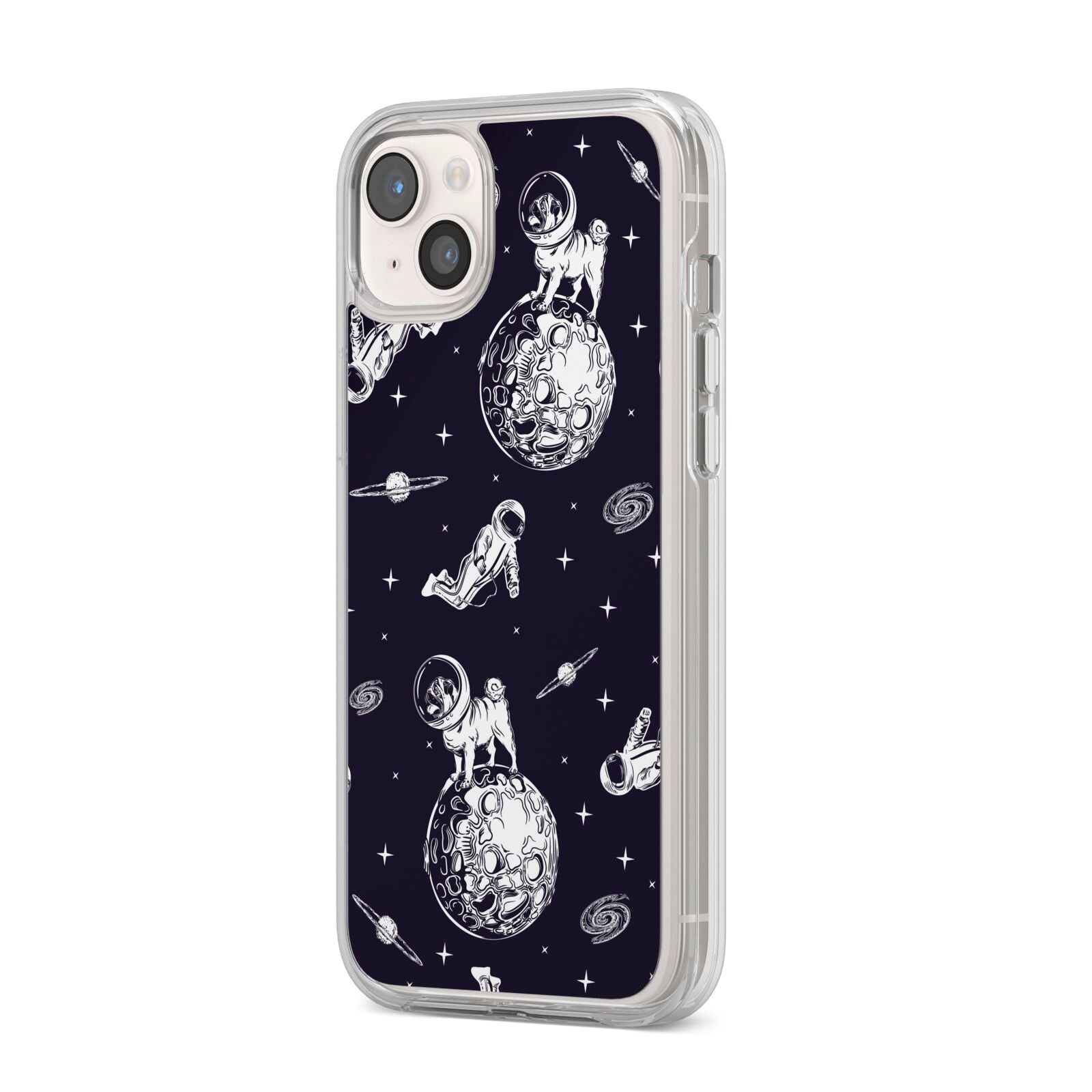 Pug in Space iPhone 14 Plus Clear Tough Case Starlight Angled Image