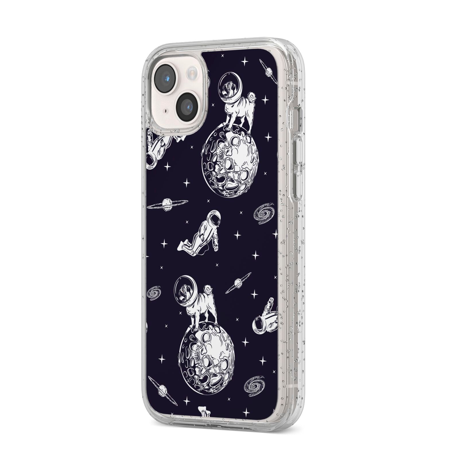 Pug in Space iPhone 14 Plus Glitter Tough Case Starlight Angled Image