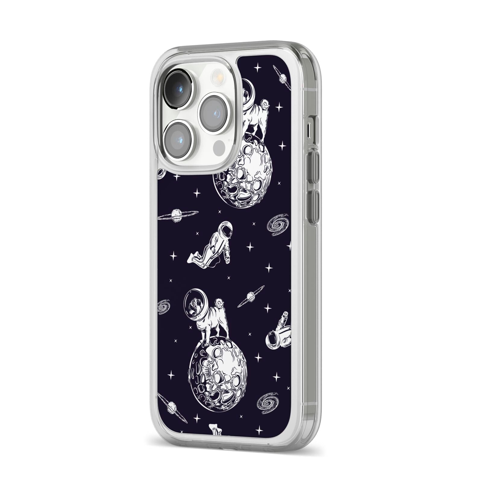 Pug in Space iPhone 14 Pro Clear Tough Case Silver Angled Image