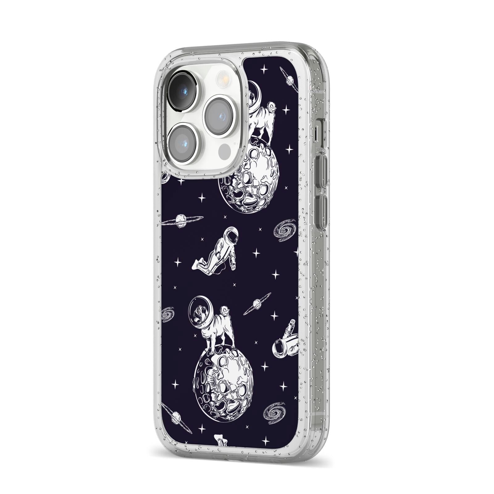 Pug in Space iPhone 14 Pro Glitter Tough Case Silver Angled Image