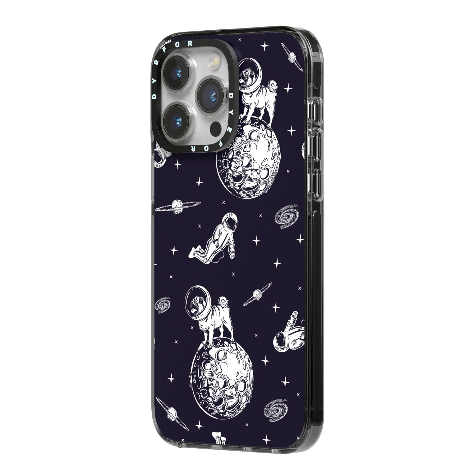 Pug in Space iPhone 14 Pro Max Black Impact Case Side Angle on Silver phone