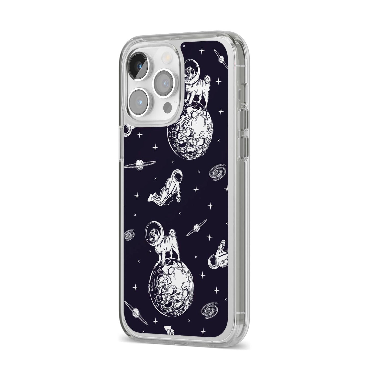 Pug in Space iPhone 14 Pro Max Clear Tough Case Silver Angled Image