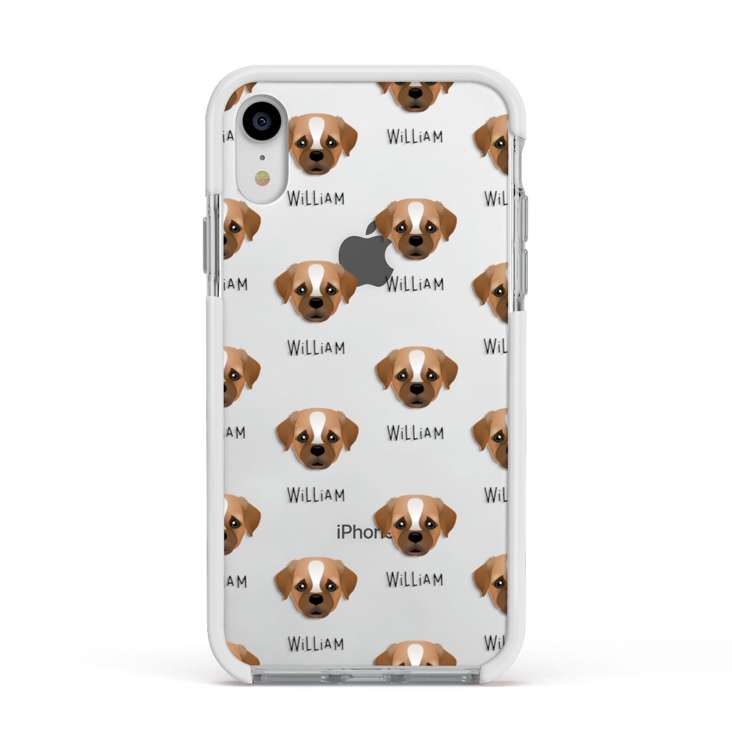 Pugapoo Icon with Name Apple iPhone XR Impact Case White Edge on Silver Phone