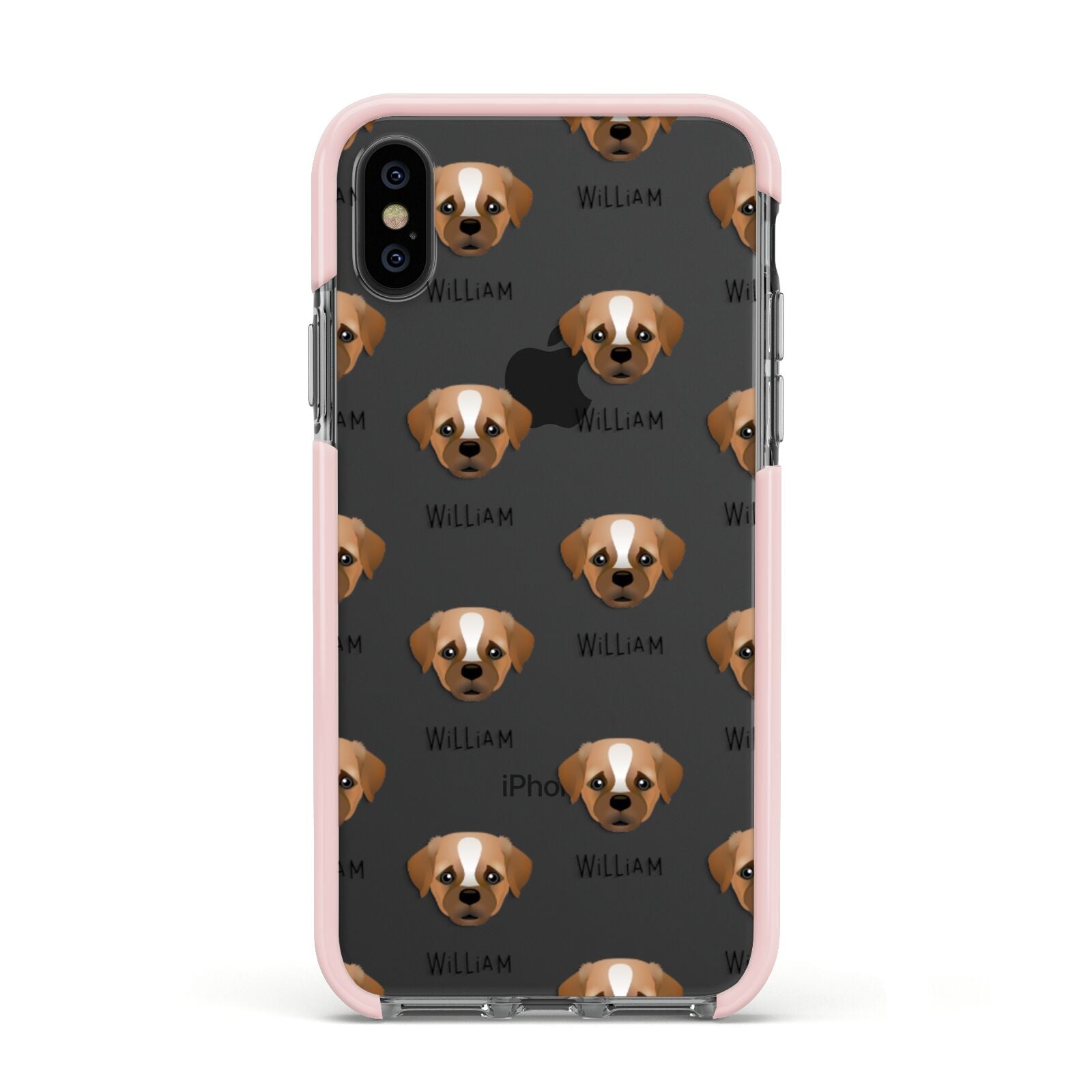 Pugapoo Icon with Name Apple iPhone Xs Impact Case Pink Edge on Black Phone