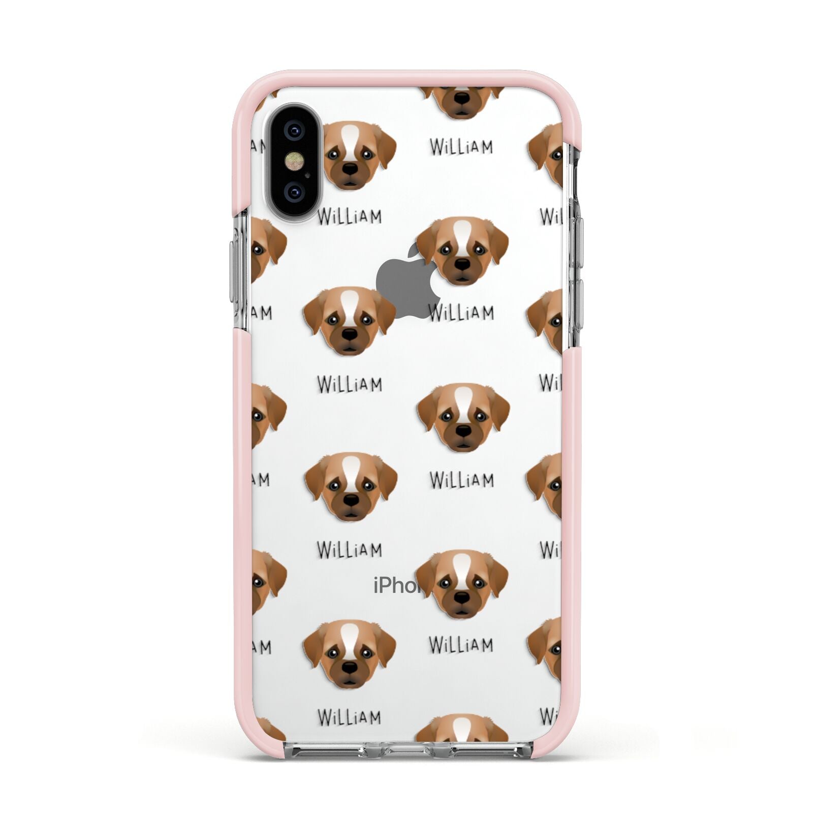 Pugapoo Icon with Name Apple iPhone Xs Impact Case Pink Edge on Silver Phone