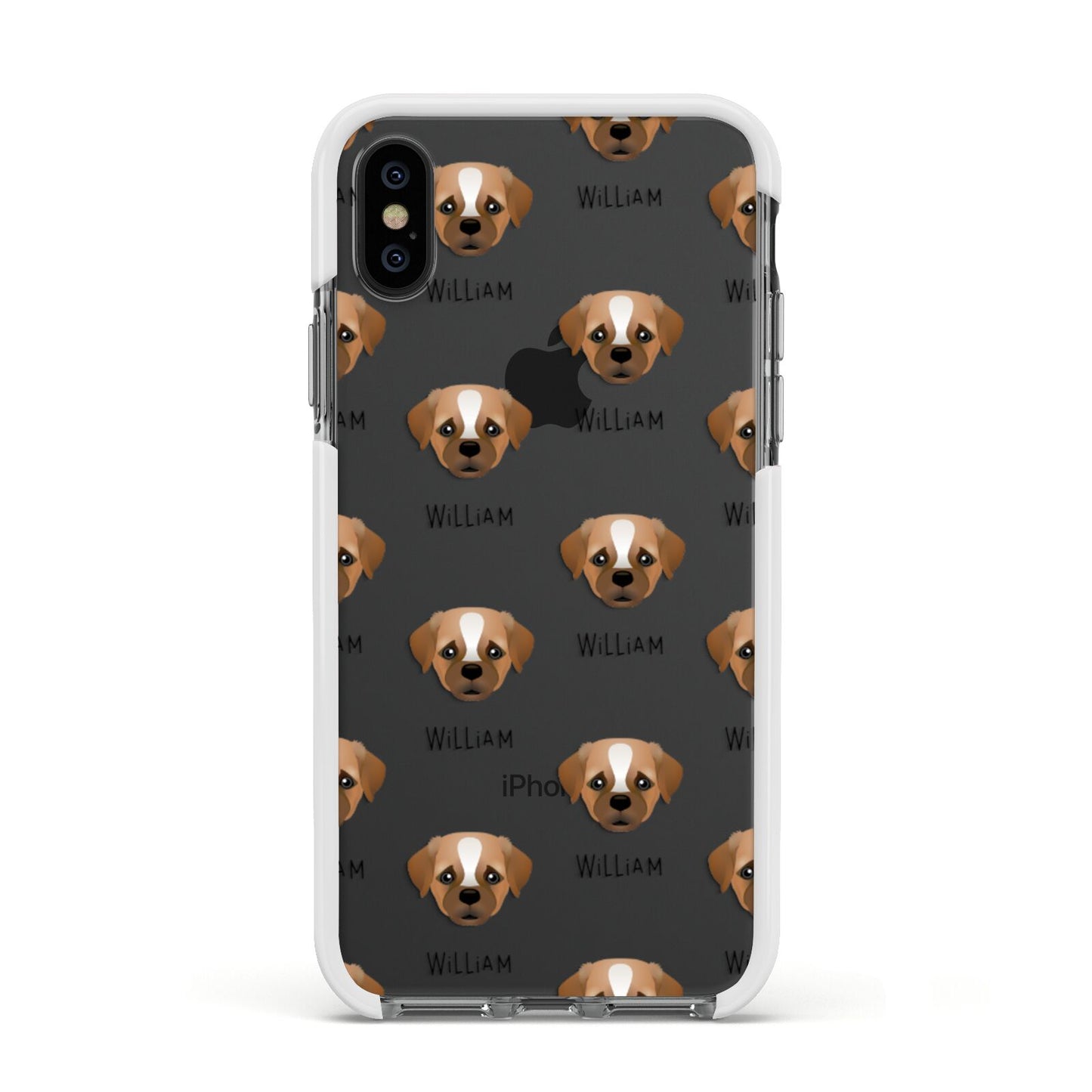 Pugapoo Icon with Name Apple iPhone Xs Impact Case White Edge on Black Phone