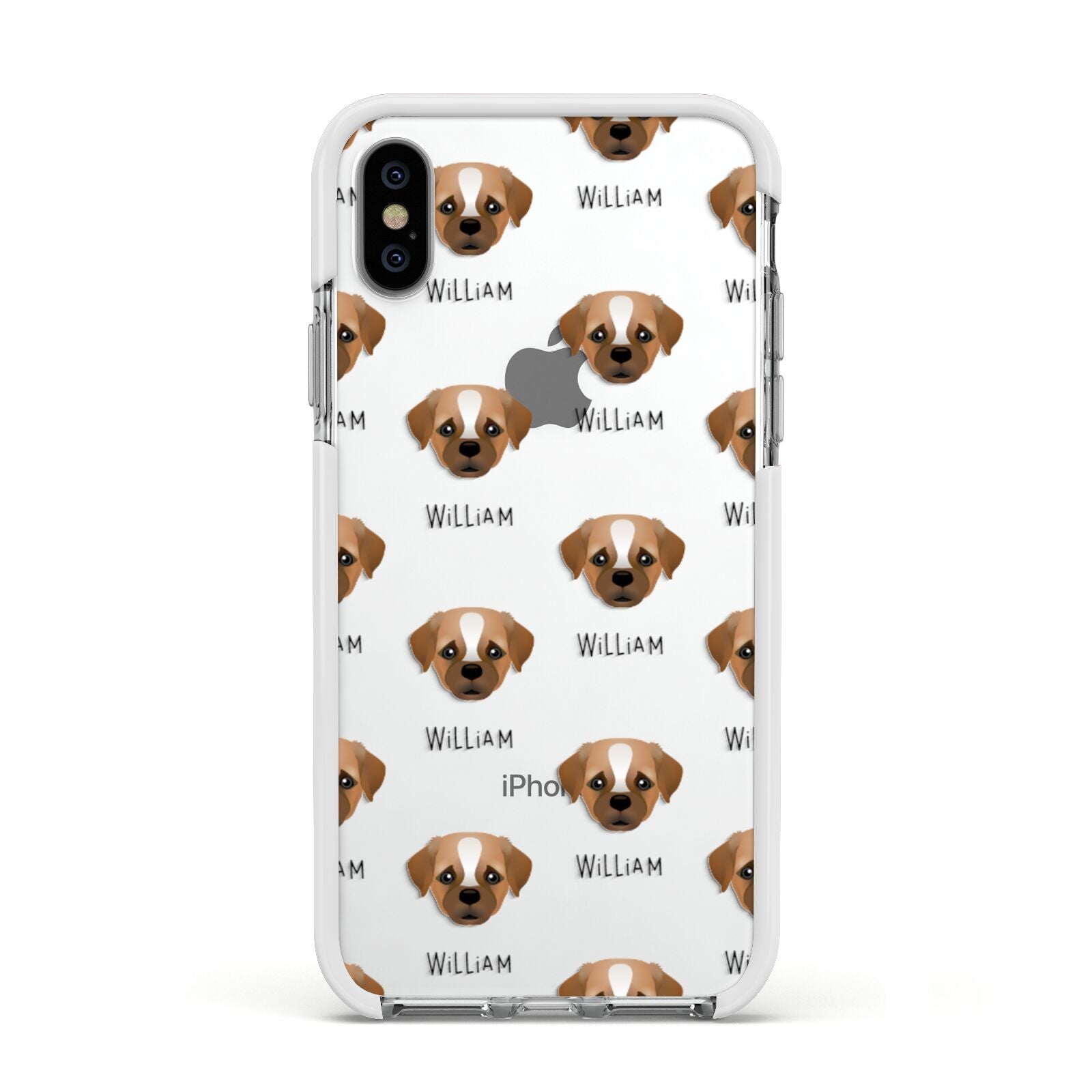 Pugapoo Icon with Name Apple iPhone Xs Impact Case White Edge on Silver Phone