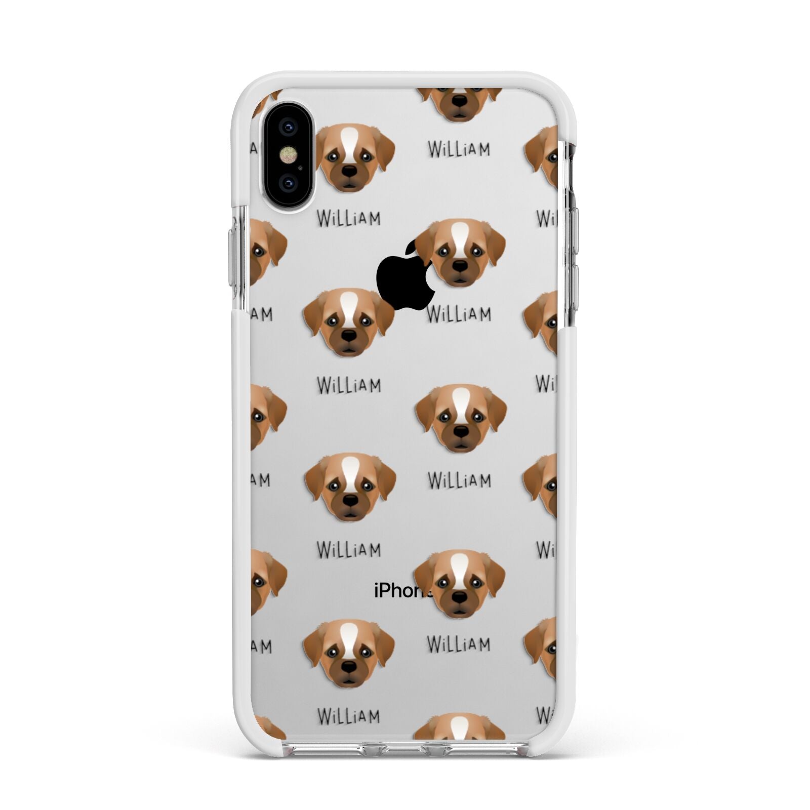 Pugapoo Icon with Name Apple iPhone Xs Max Impact Case White Edge on Silver Phone