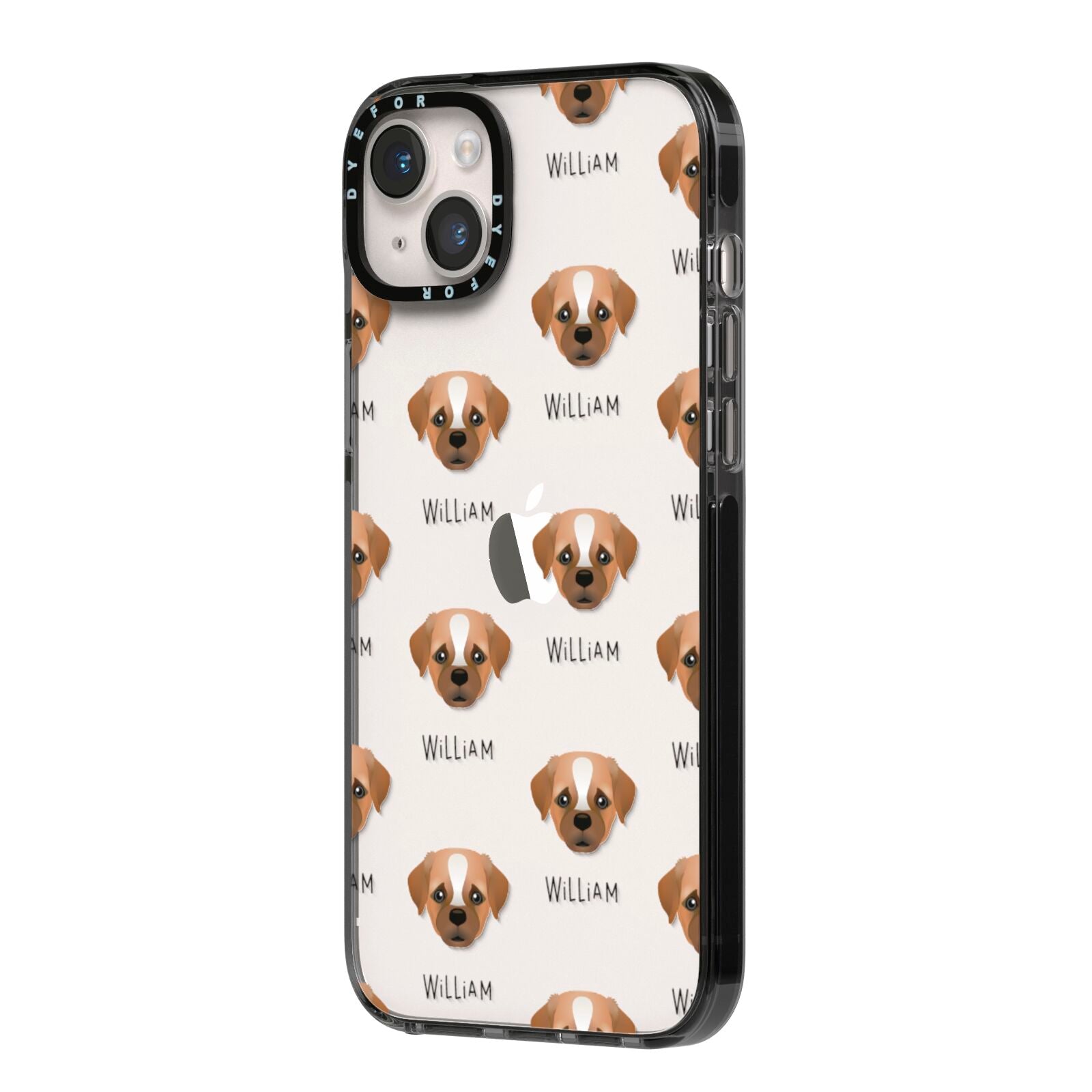 Pugapoo Icon with Name iPhone 14 Plus Black Impact Case Side Angle on Silver phone