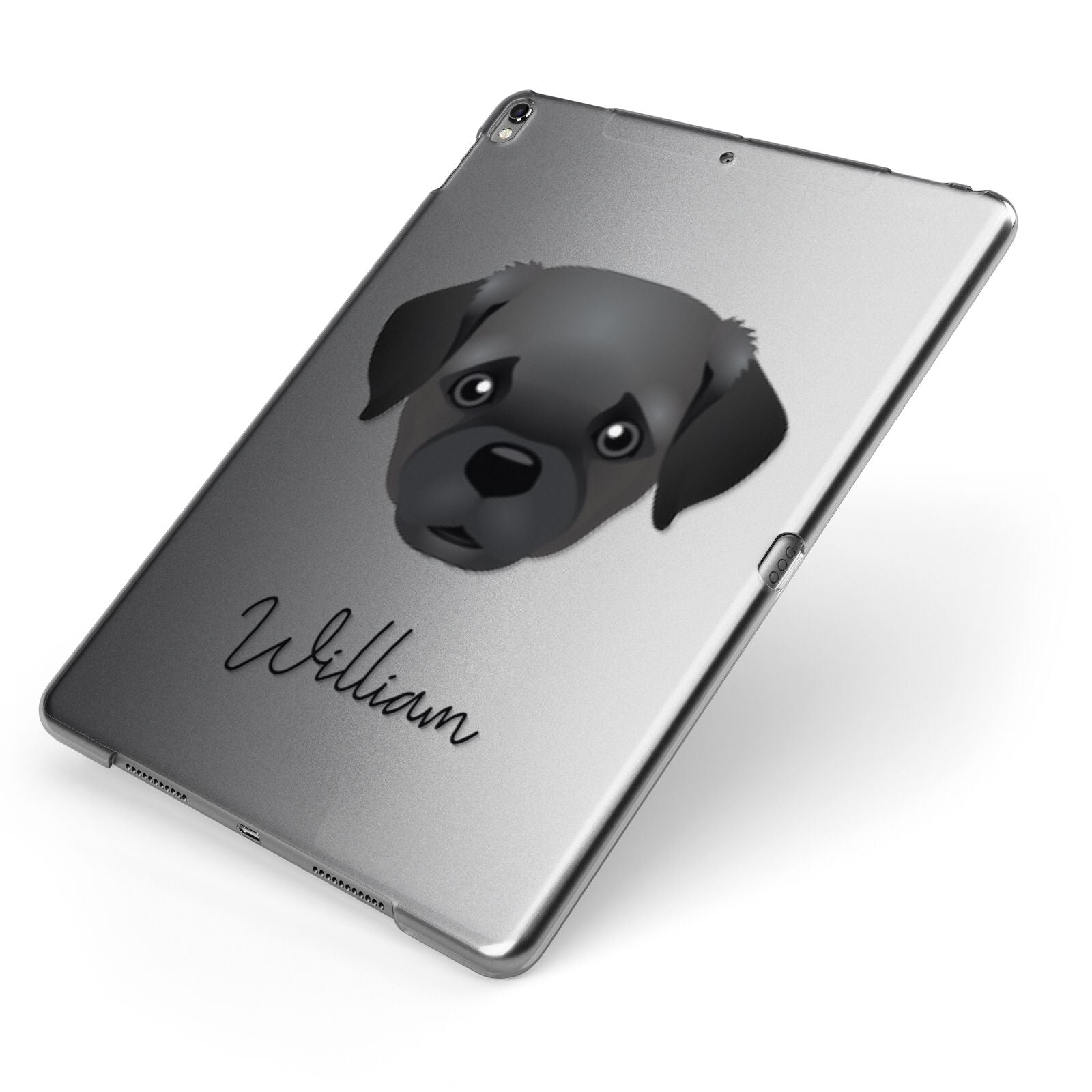 Pugapoo Personalised Apple iPad Case on Grey iPad Side View