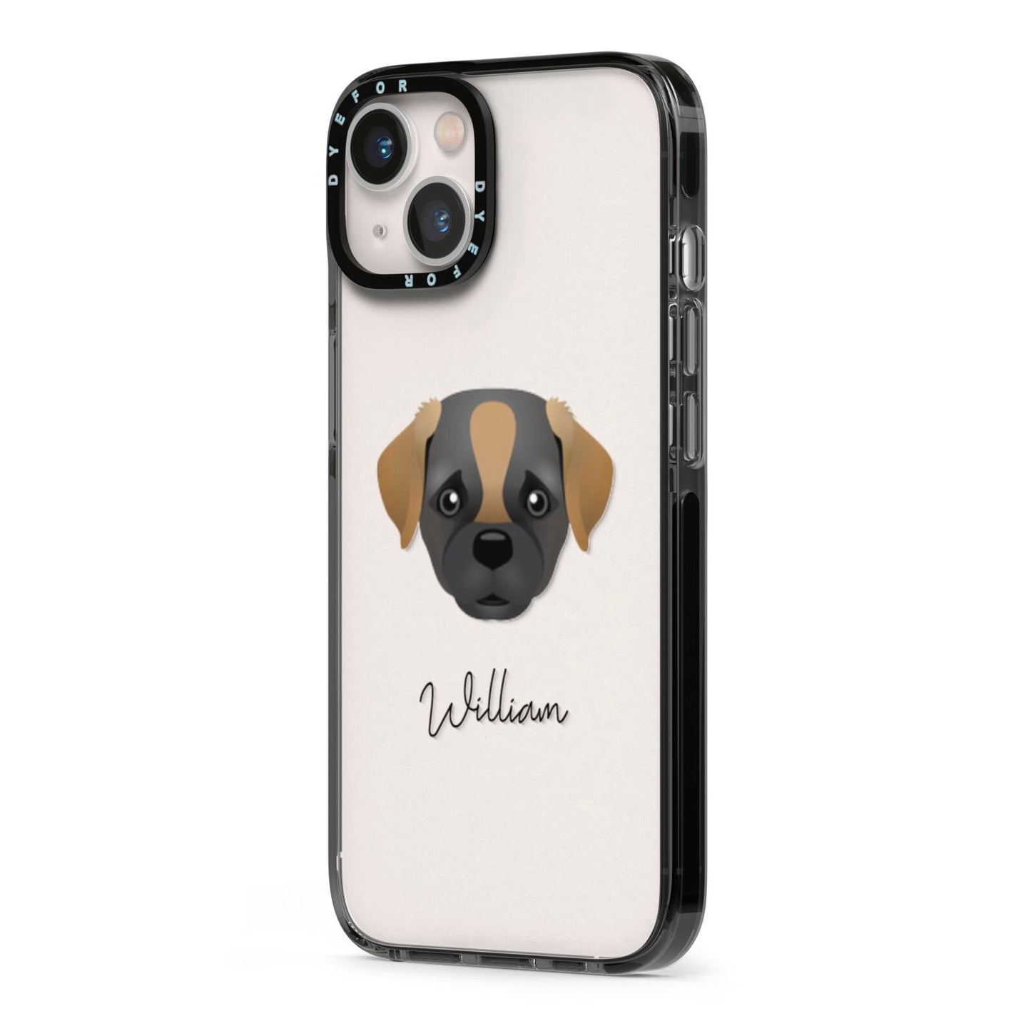 Pugapoo Personalised iPhone 13 Black Impact Case Side Angle on Silver phone