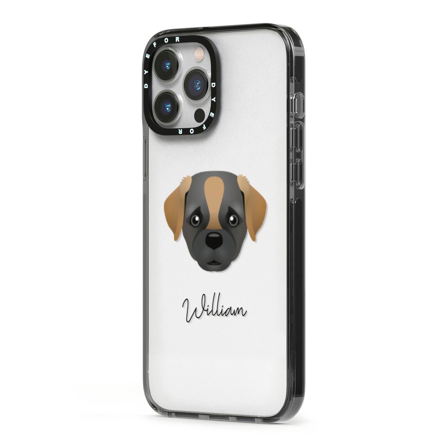 Pugapoo Personalised iPhone 13 Pro Max Black Impact Case Side Angle on Silver phone