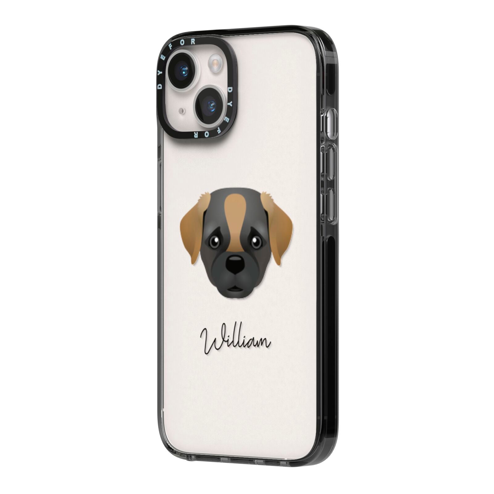 Pugapoo Personalised iPhone 14 Black Impact Case Side Angle on Silver phone